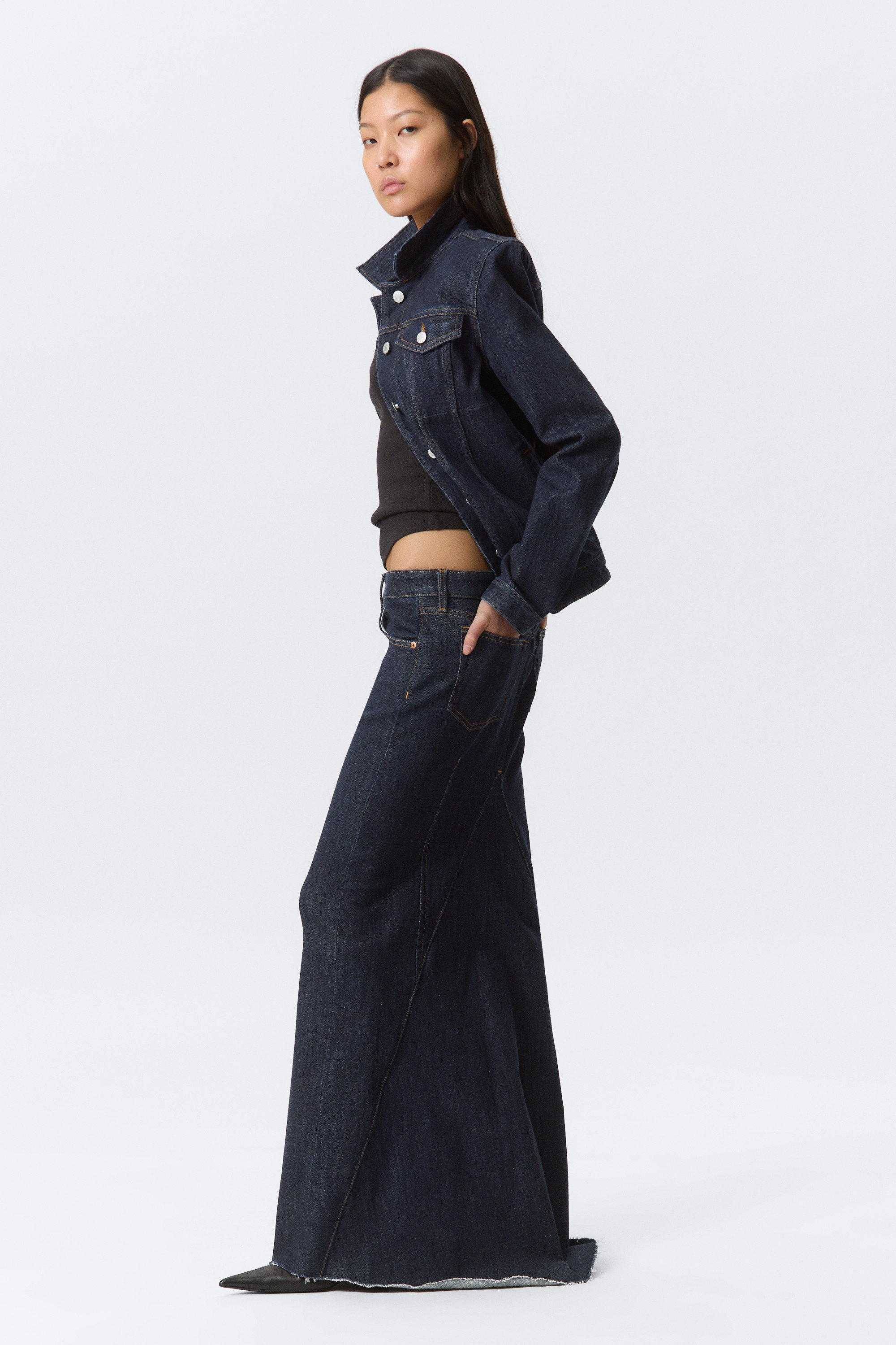 Blue Rinse - Dark Blue - Mid Rise Fitted Denim Maxi Skirt - 2