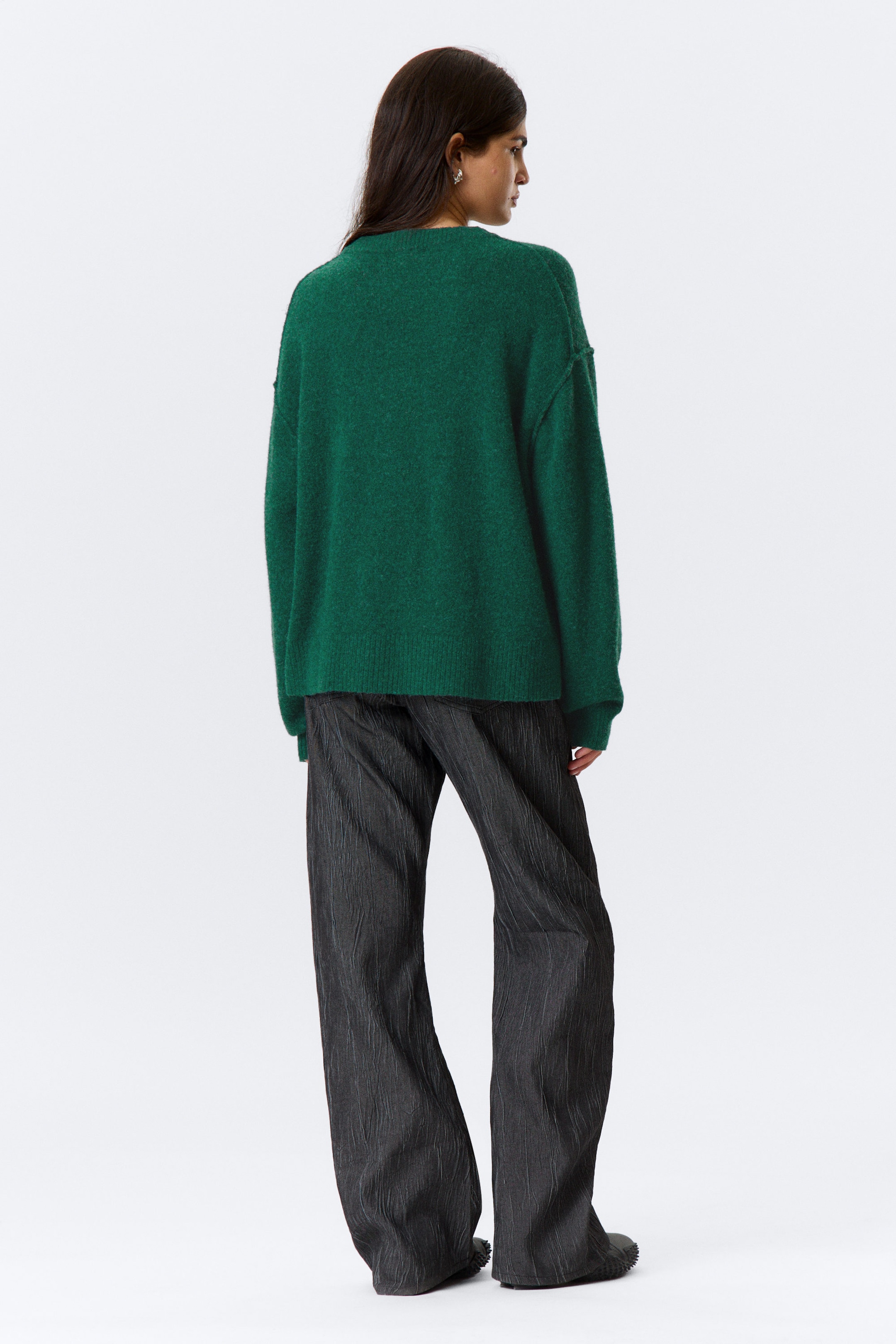 Dark Green Melange - Relaxed Knitted Sweater - 2