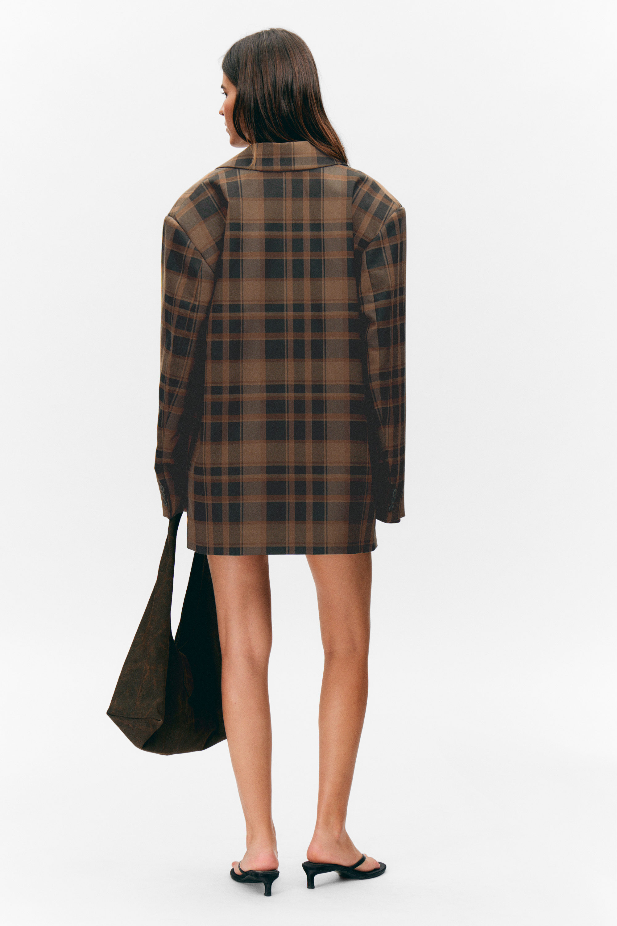 Checked Dark Brown - Single-Breasted Oversized Checked Blazer - 3