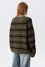 Striped Khaki Green - Loose Knitted Raglan Sweater - 3