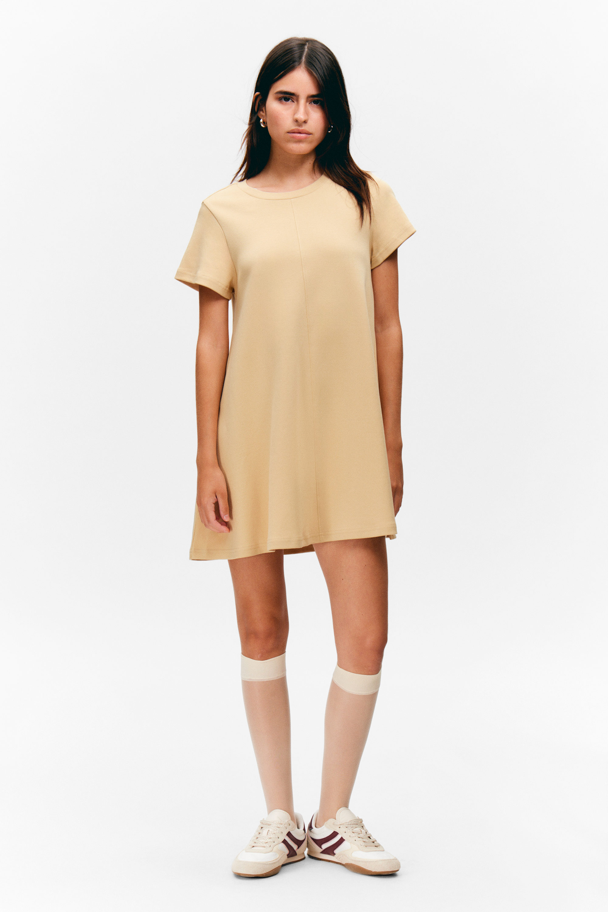 Beige - Short-Sleeved A-line Tee Dress - 1