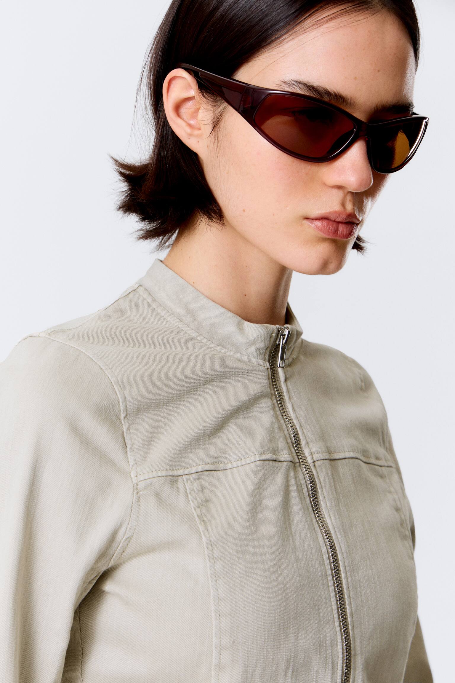 Tight Structured Cotton Zip Jacket - Light Beige/Dark Grey/Dark Grey - 5