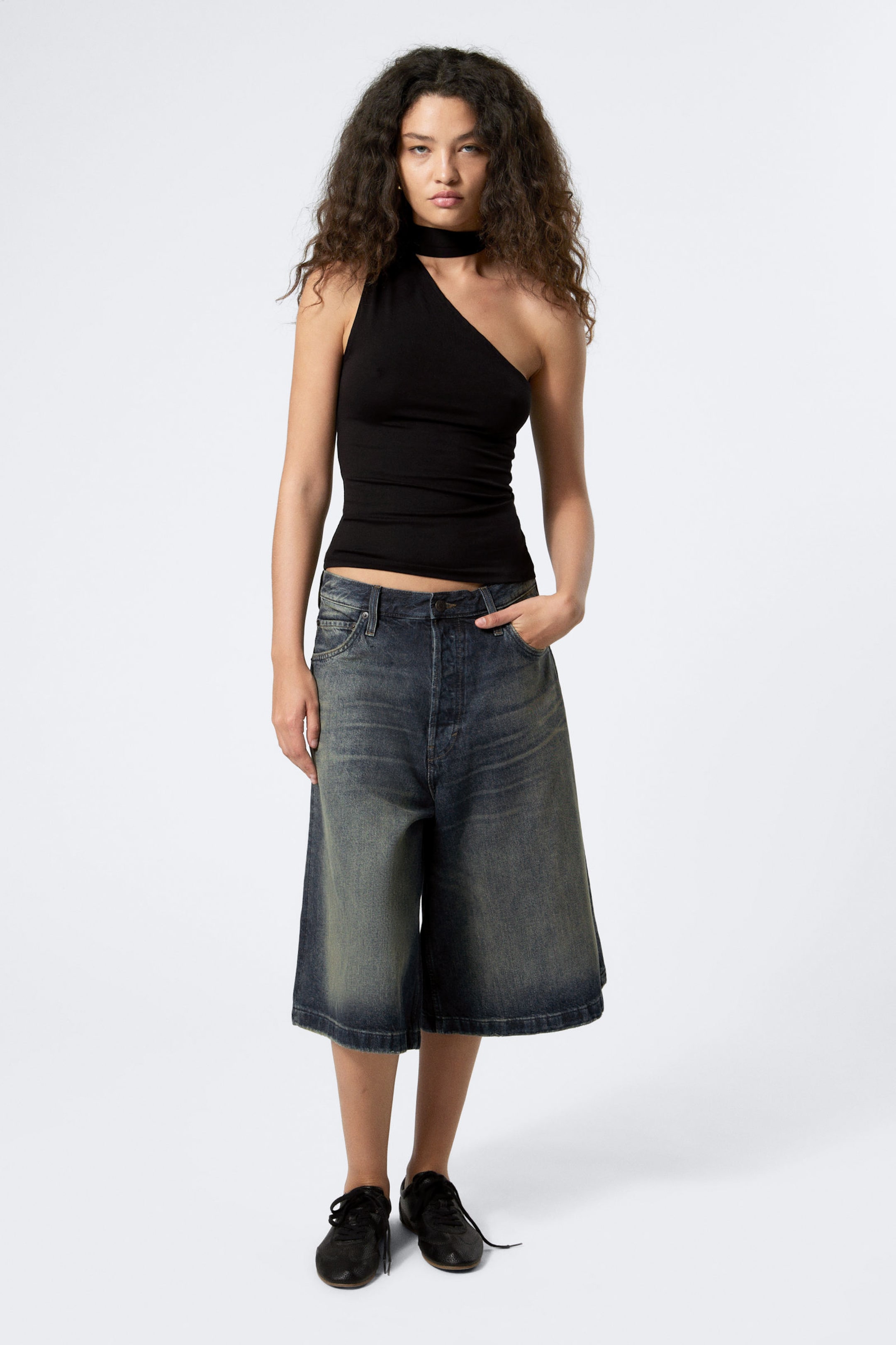 Black - Lyocell One-shoulder Tie Top - 2