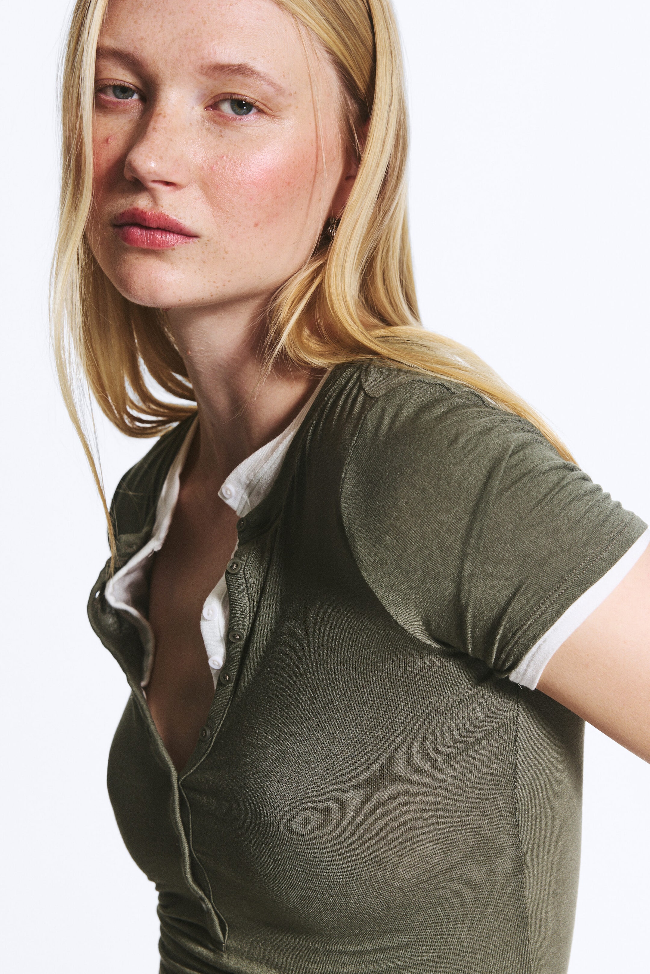 Dusty Khaki Green - Henley Short-sleeved Top - 2