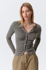 Dark Grey - Slim Ruched Button-Front Cardigan - 1