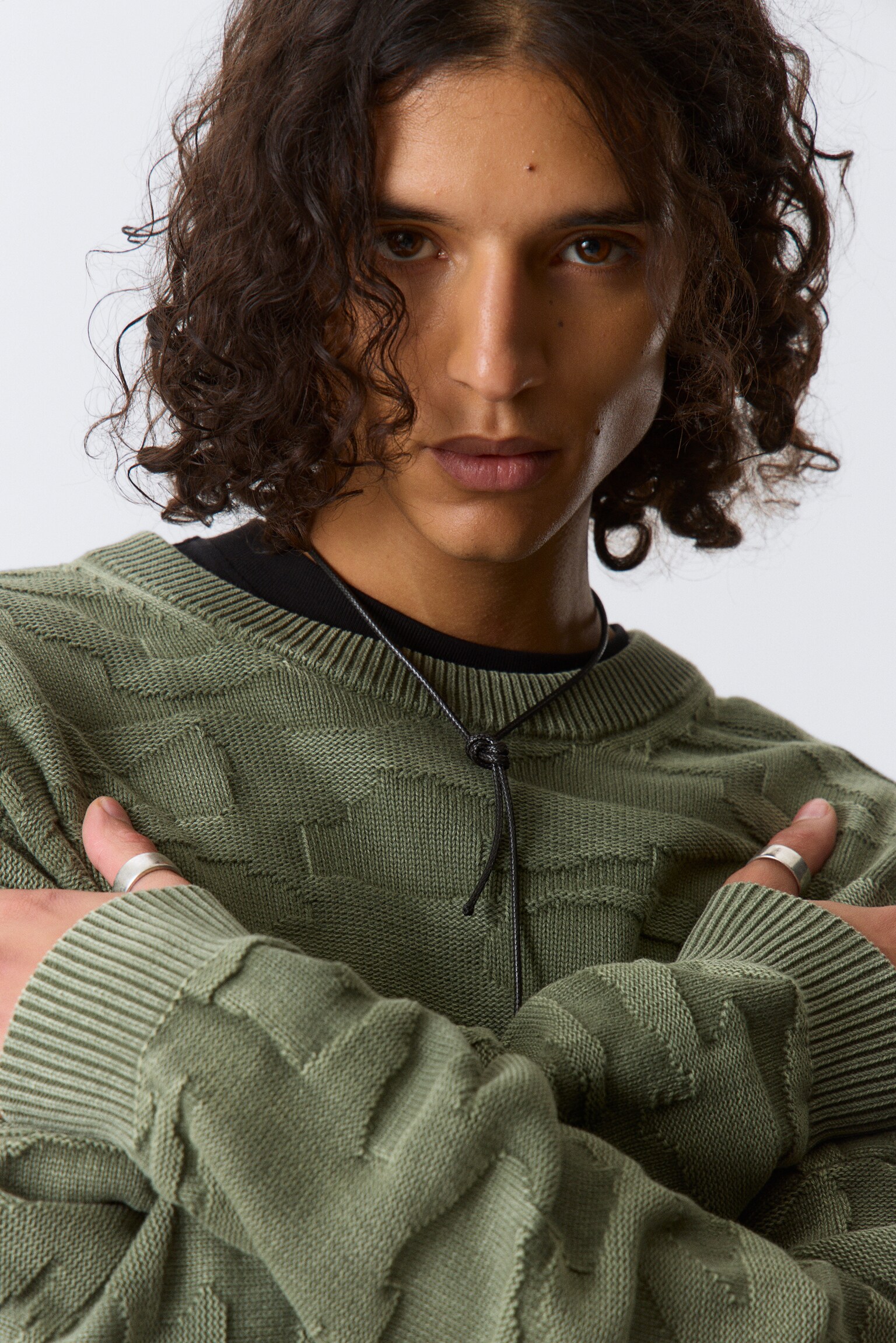 Oversized Graphic Cotton Knit Sweater - Structured Dark Green/Black/Black - 6