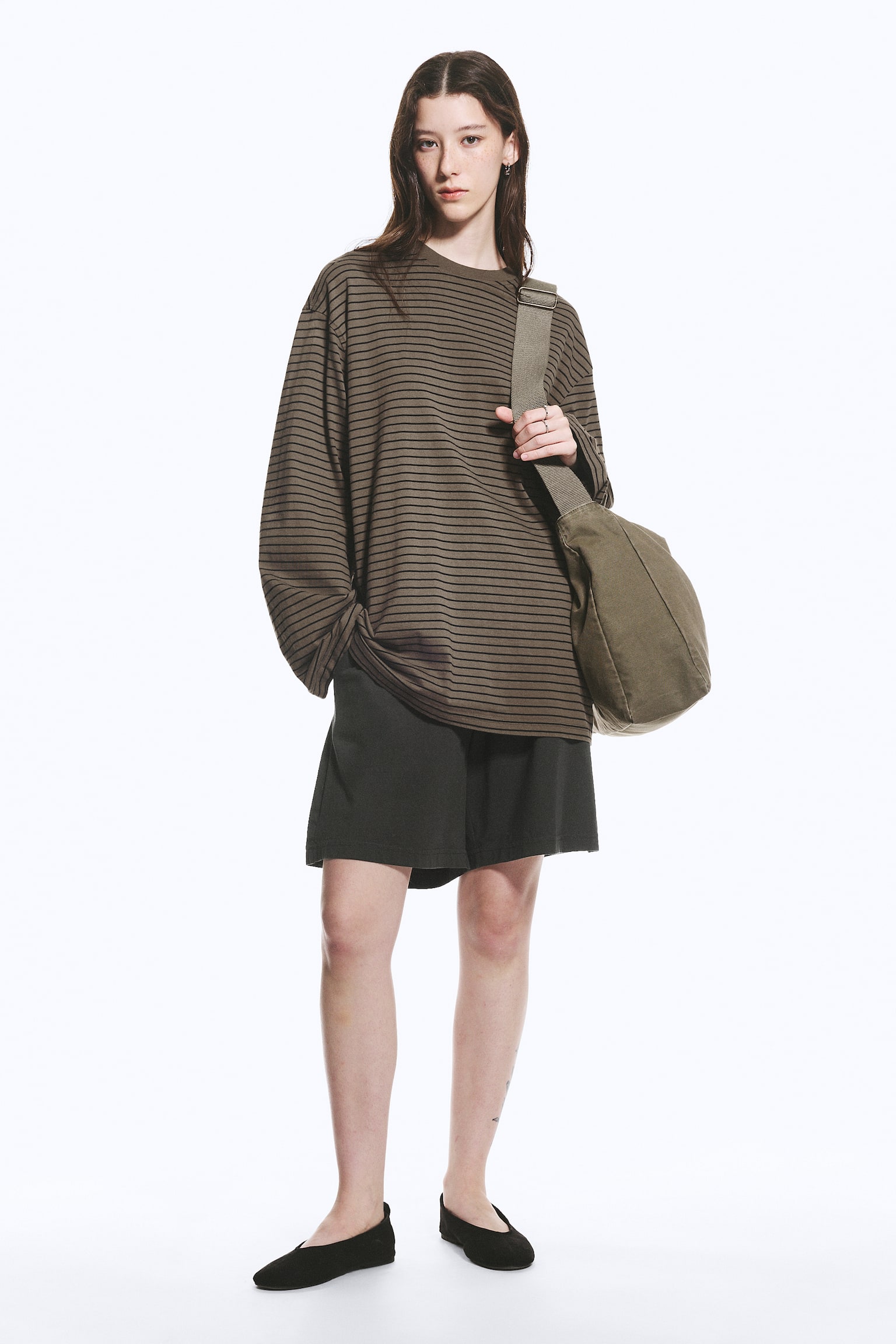 Oversized Long Sleeve T-shirt - Тъмна Къртица/White - 6