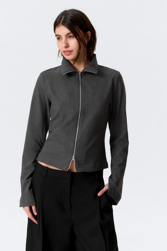 Schmal geschnittenes langärmeliges Zip-Shirt - Dunkelgrau meliert/Dunkelgrau/Schwarz mit Streifen - 2