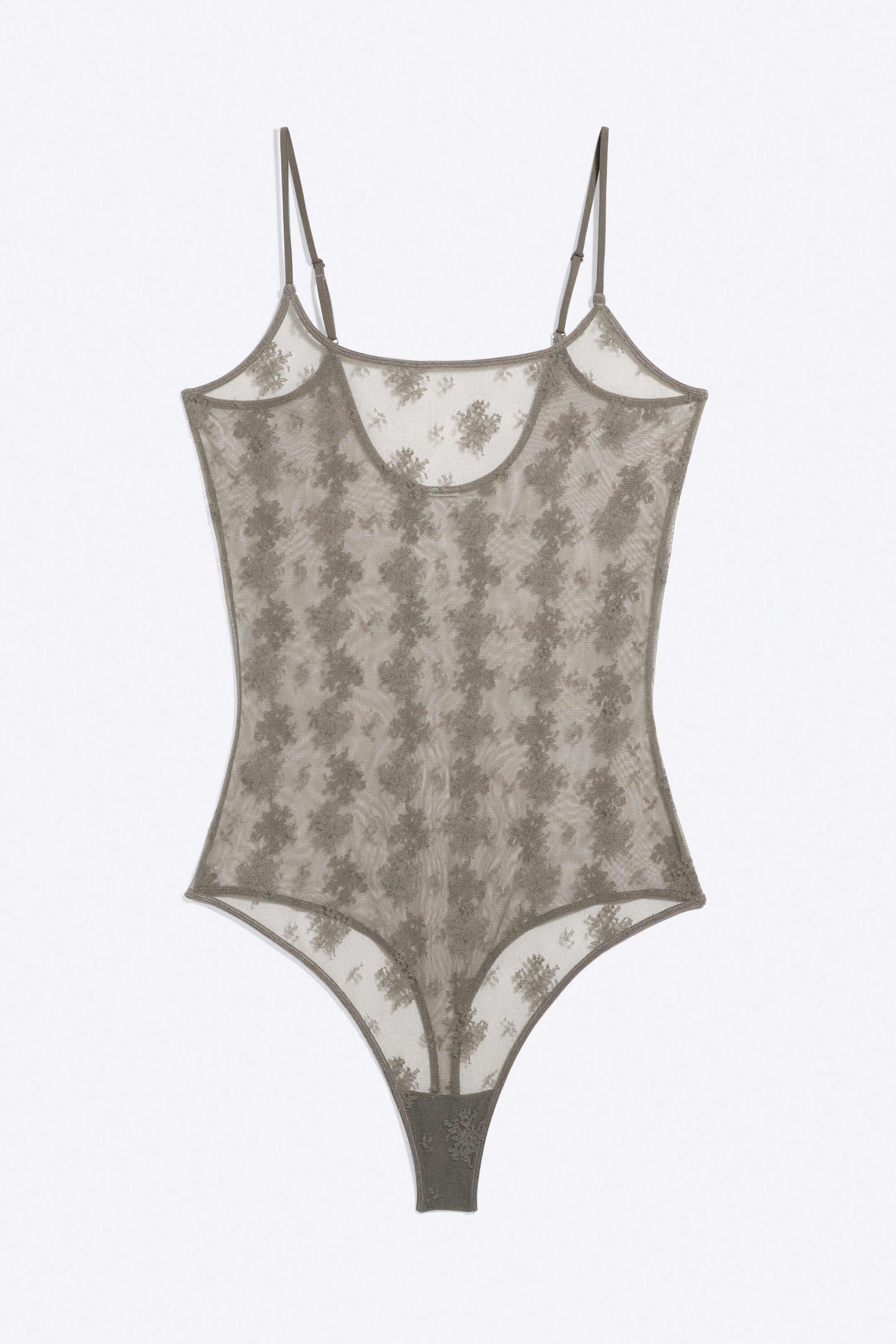 Transparent Dusty Grey - Sheer Lace Low‑Back Bodysuit - 3