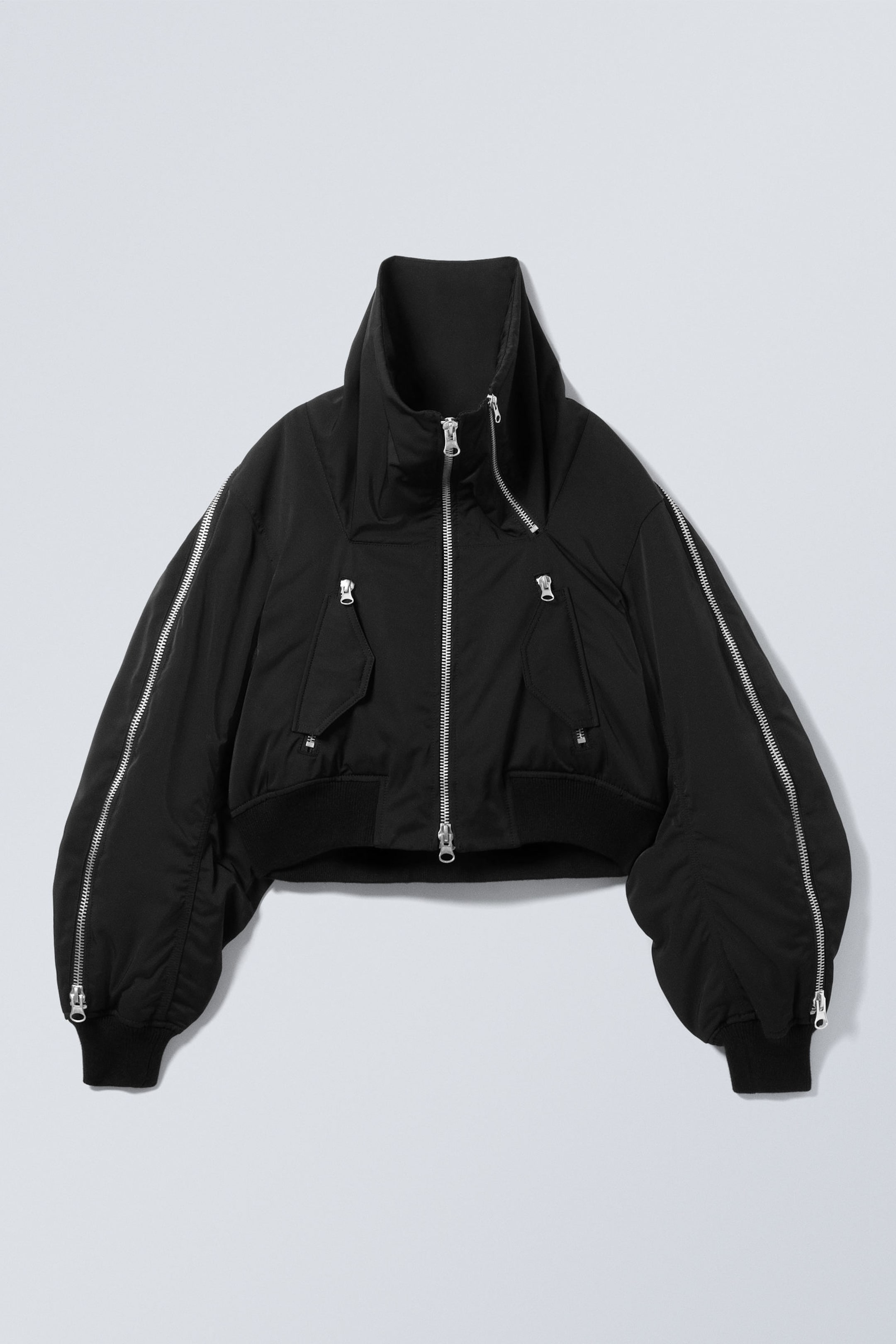 Black - Cropped Loose Zip Bomber Jacket - 0