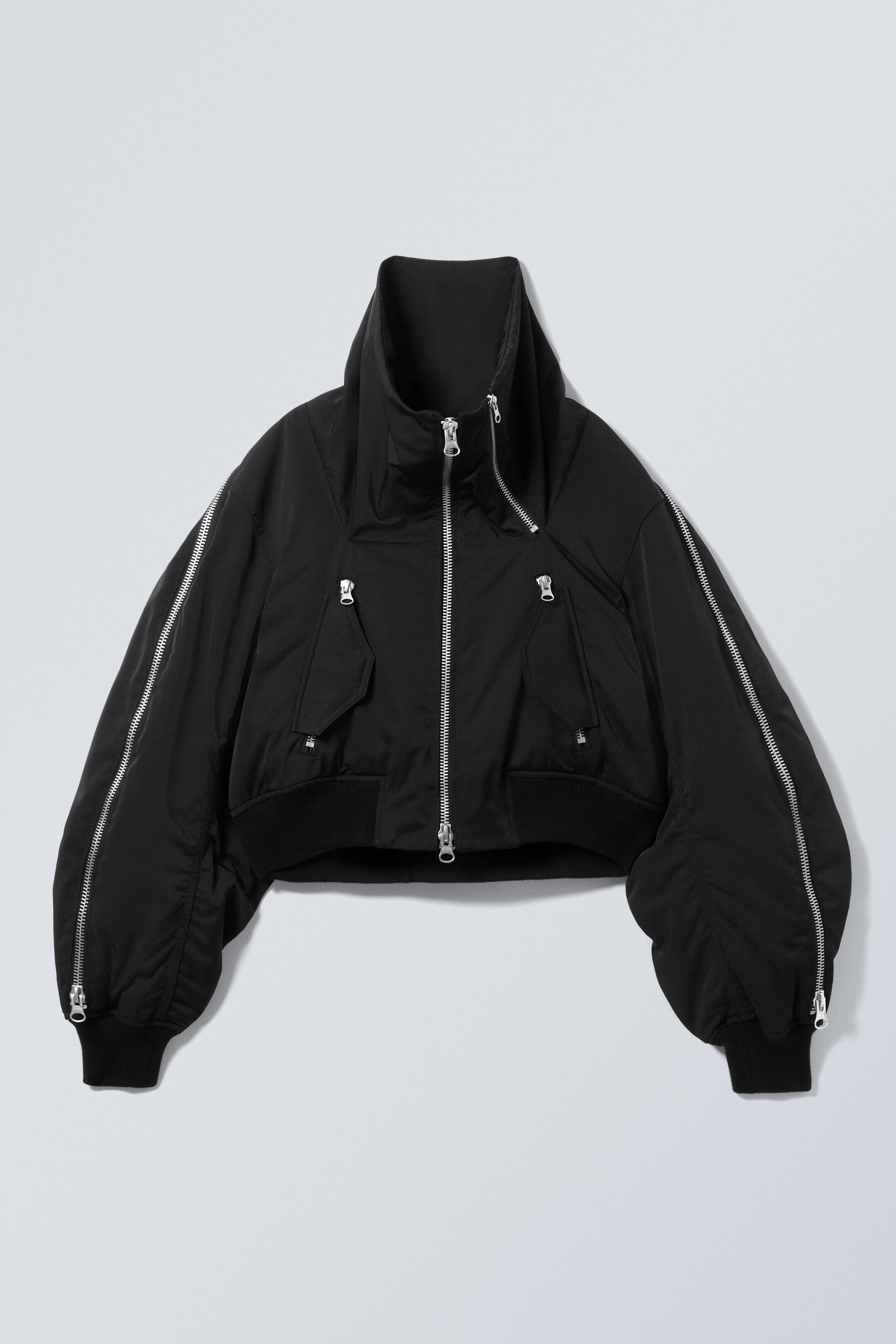 Black - Cropped Loose Zip Bomber Jacket - 1