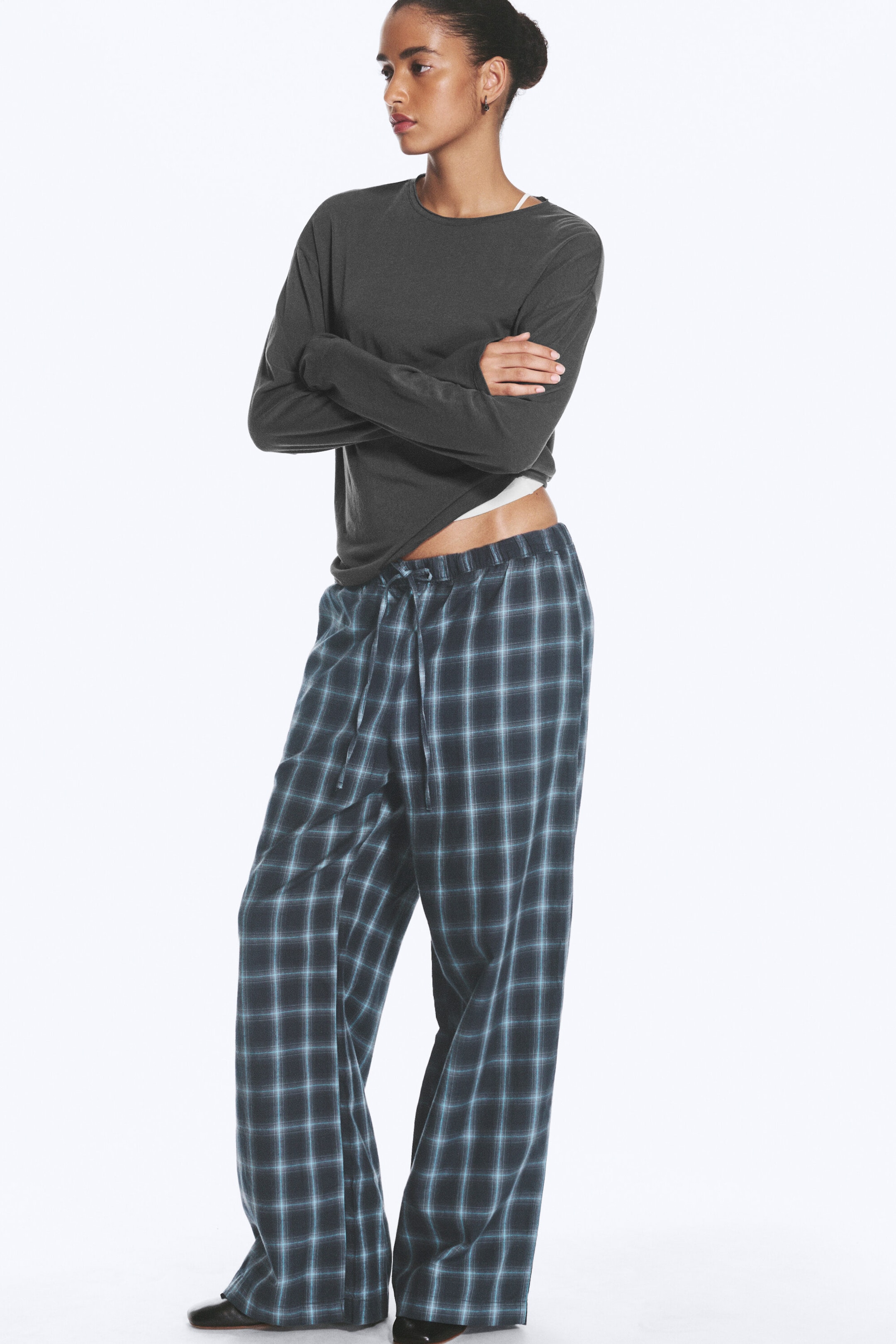 Checked Black & Blue - Wide Flannel Pyjama Trousers - 1