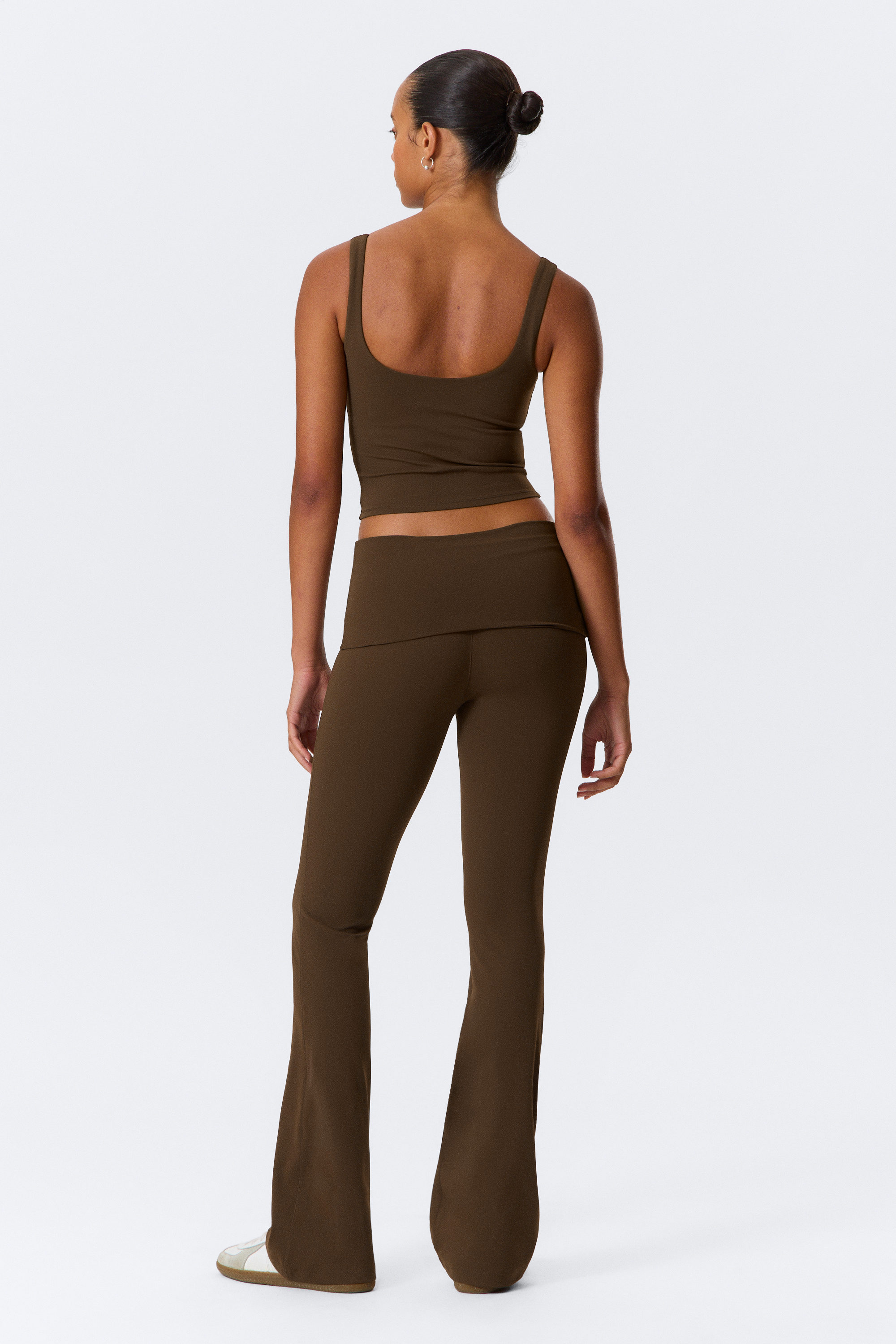 Dark Brown - Folded Waist Flared Yoga Tights - 4