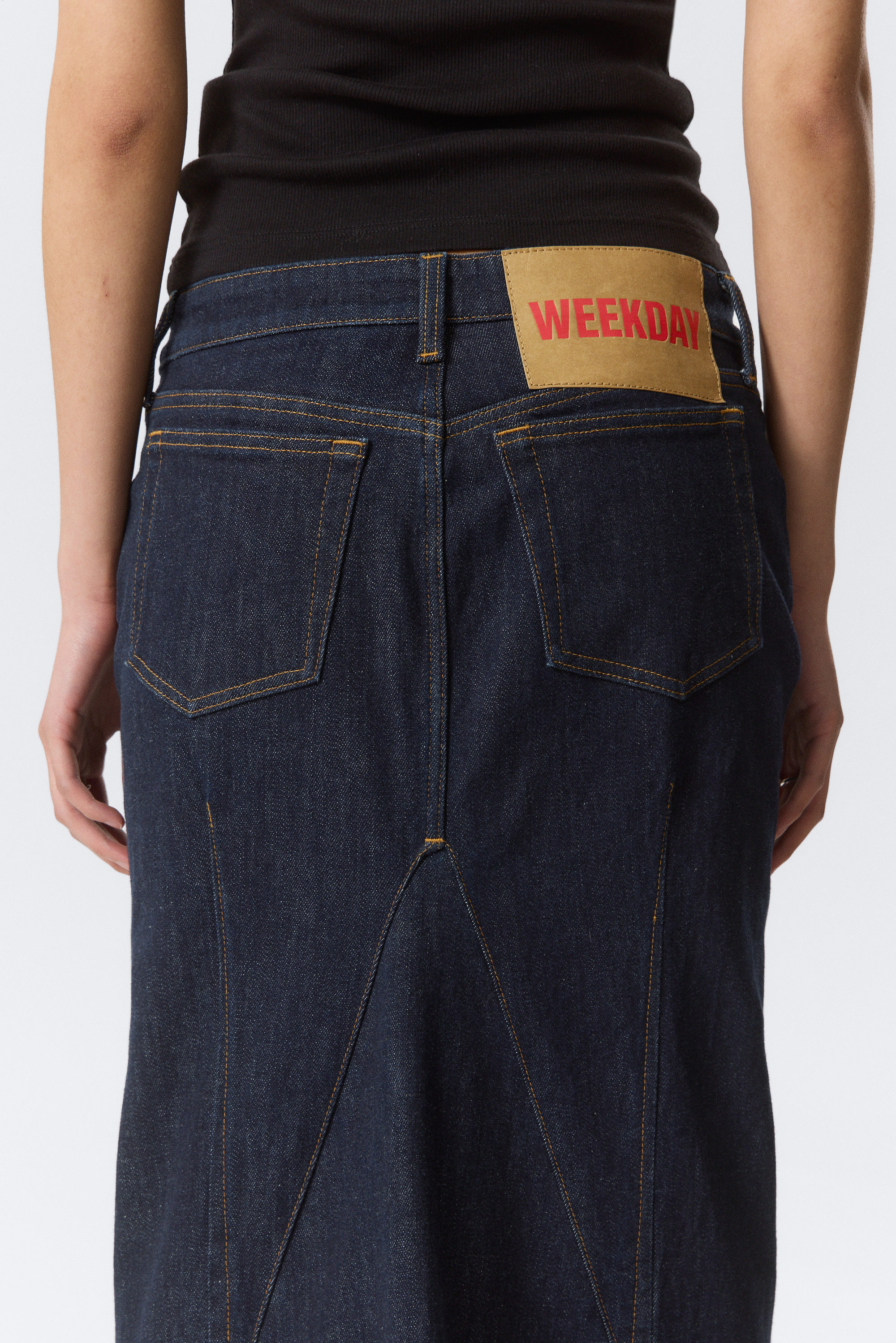 Blue Rinse - Dark Blue - Mid Rise Fitted Denim Maxi Skirt - 4