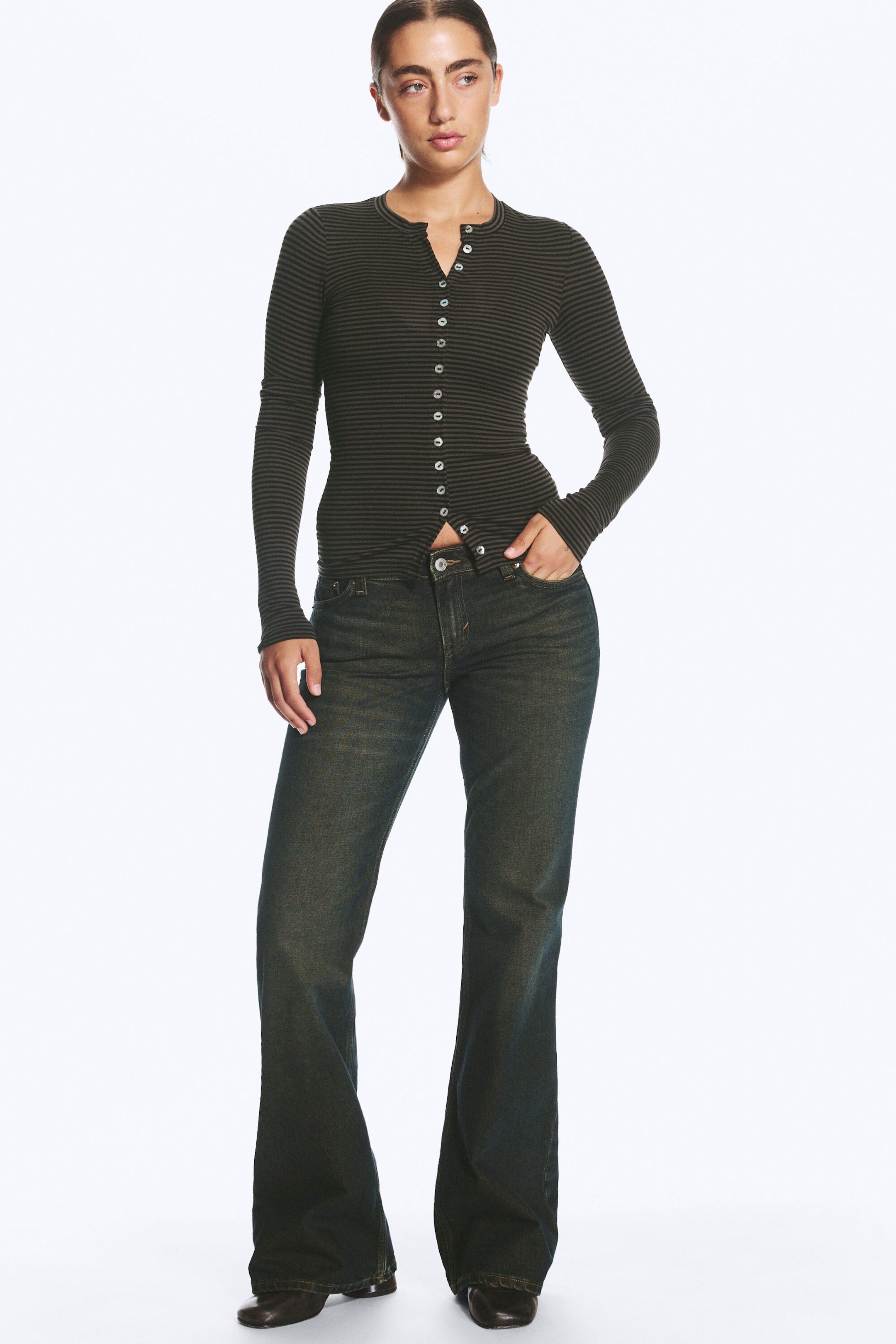 Striped Dark Khaki Green - Pearl Button Cardigan - 1