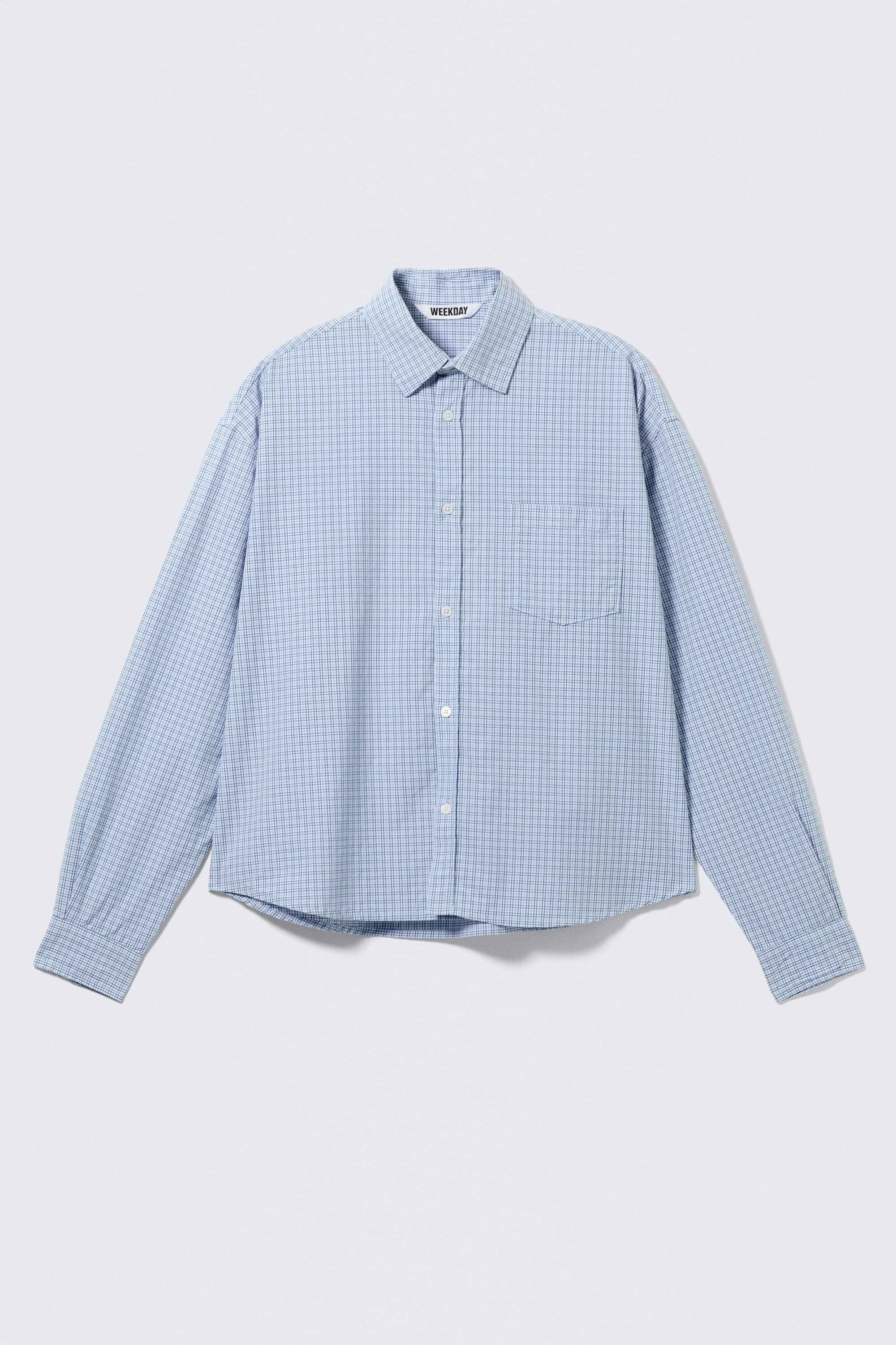 Camisa boxy de popelina de algodão com mangas compridas - Azul xadrez