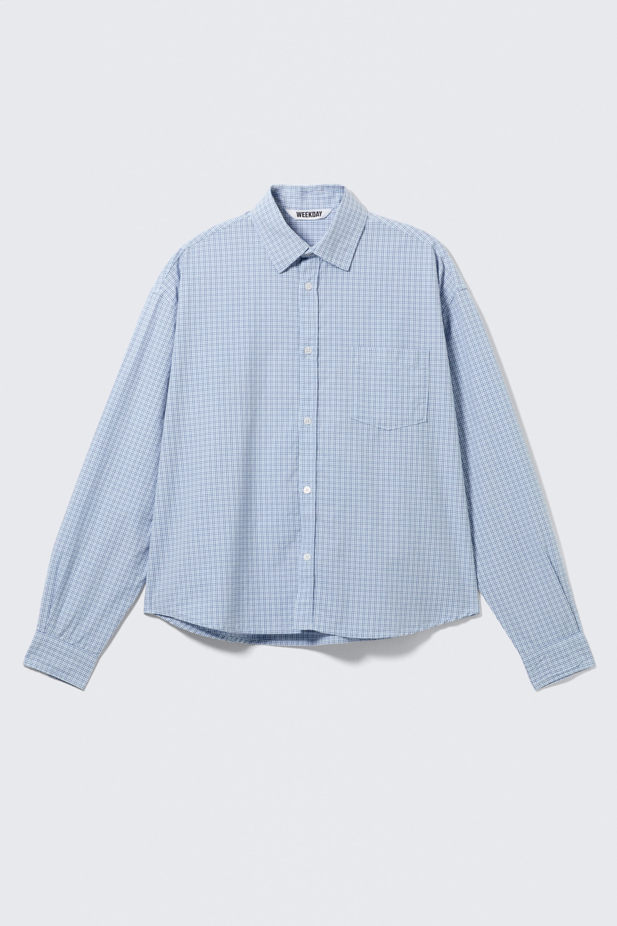 Checked Blue - Boxy Long-Sleeved Cotton Poplin Shirt - 4