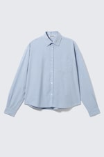 Checked Blue - Boxy Long-Sleeved Cotton Poplin Shirt - 4