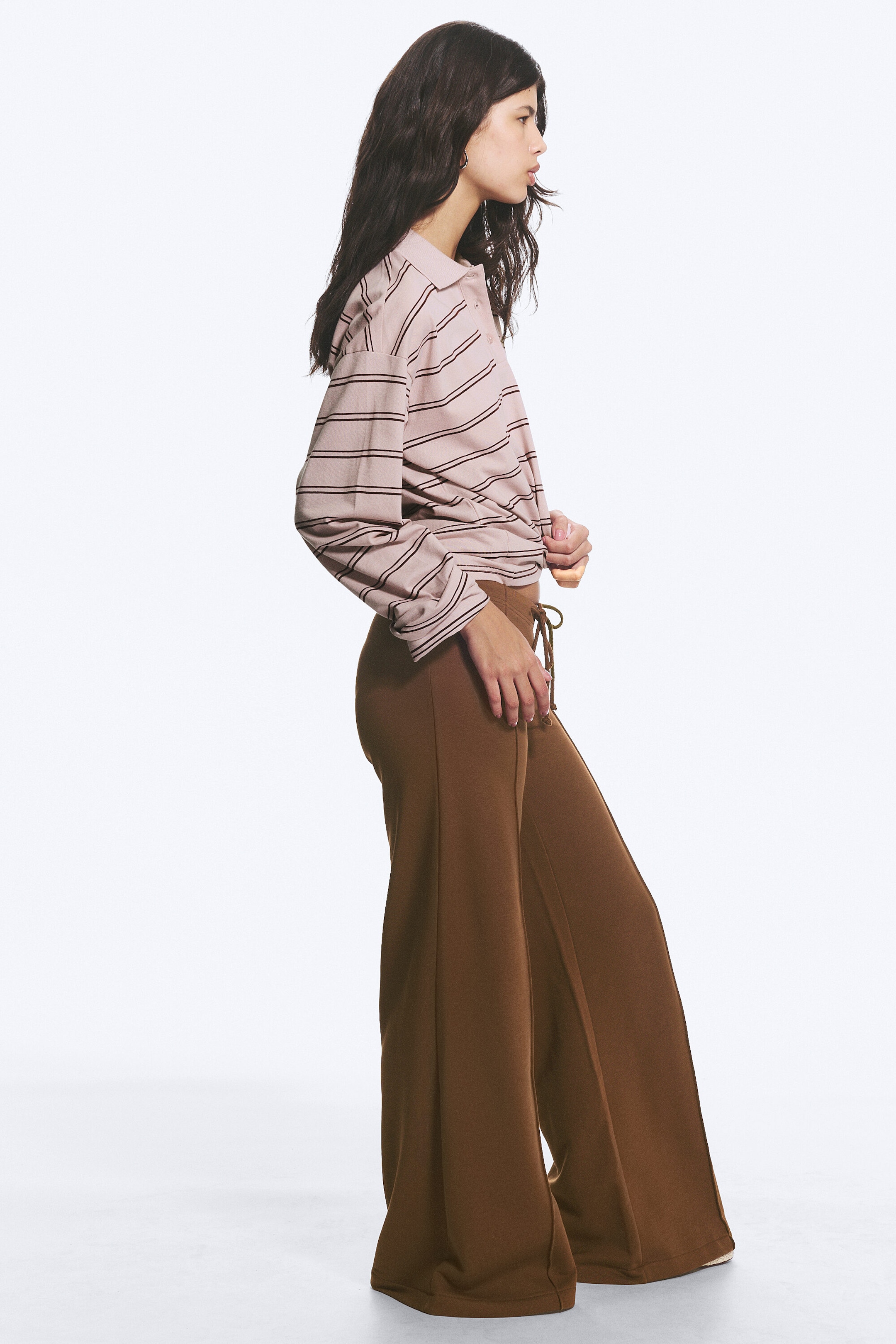 Brown - Low Rise Loose Wide Leg Sweatpants - 2