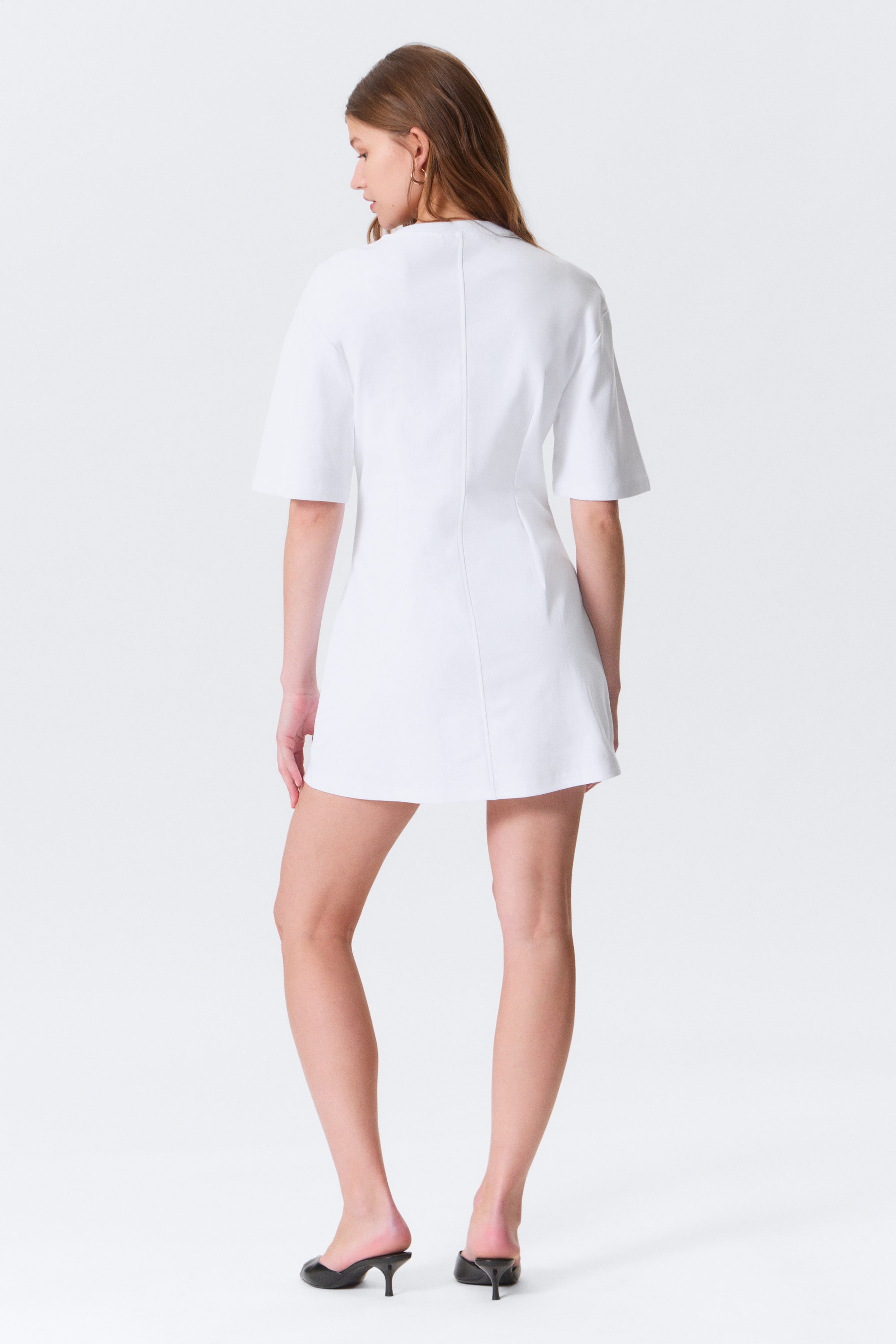 White - Short-Sleeved Cotton Mini Dress - 3