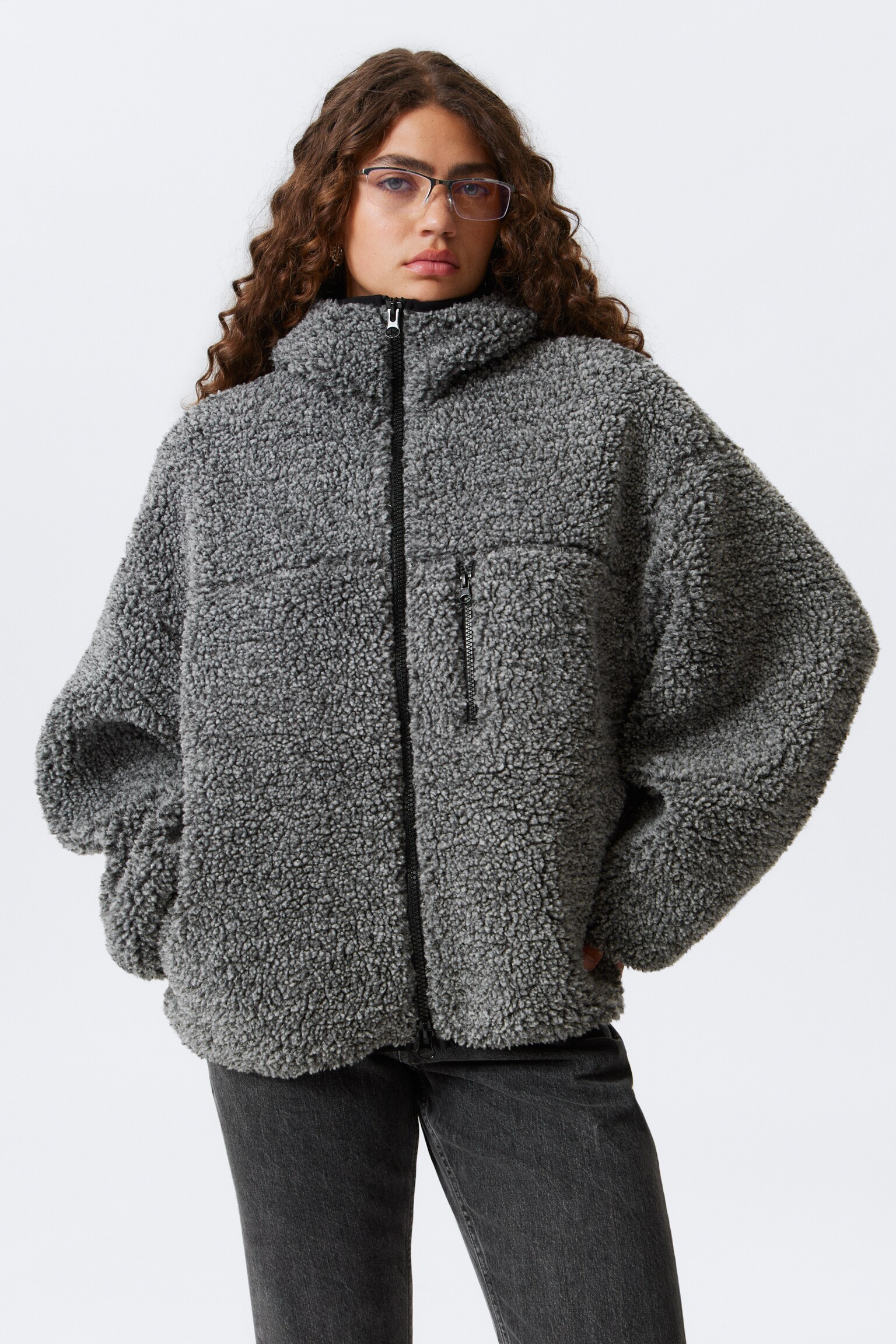 Oversized Zip-Up Pile Hoodie - Dark Grey Melange