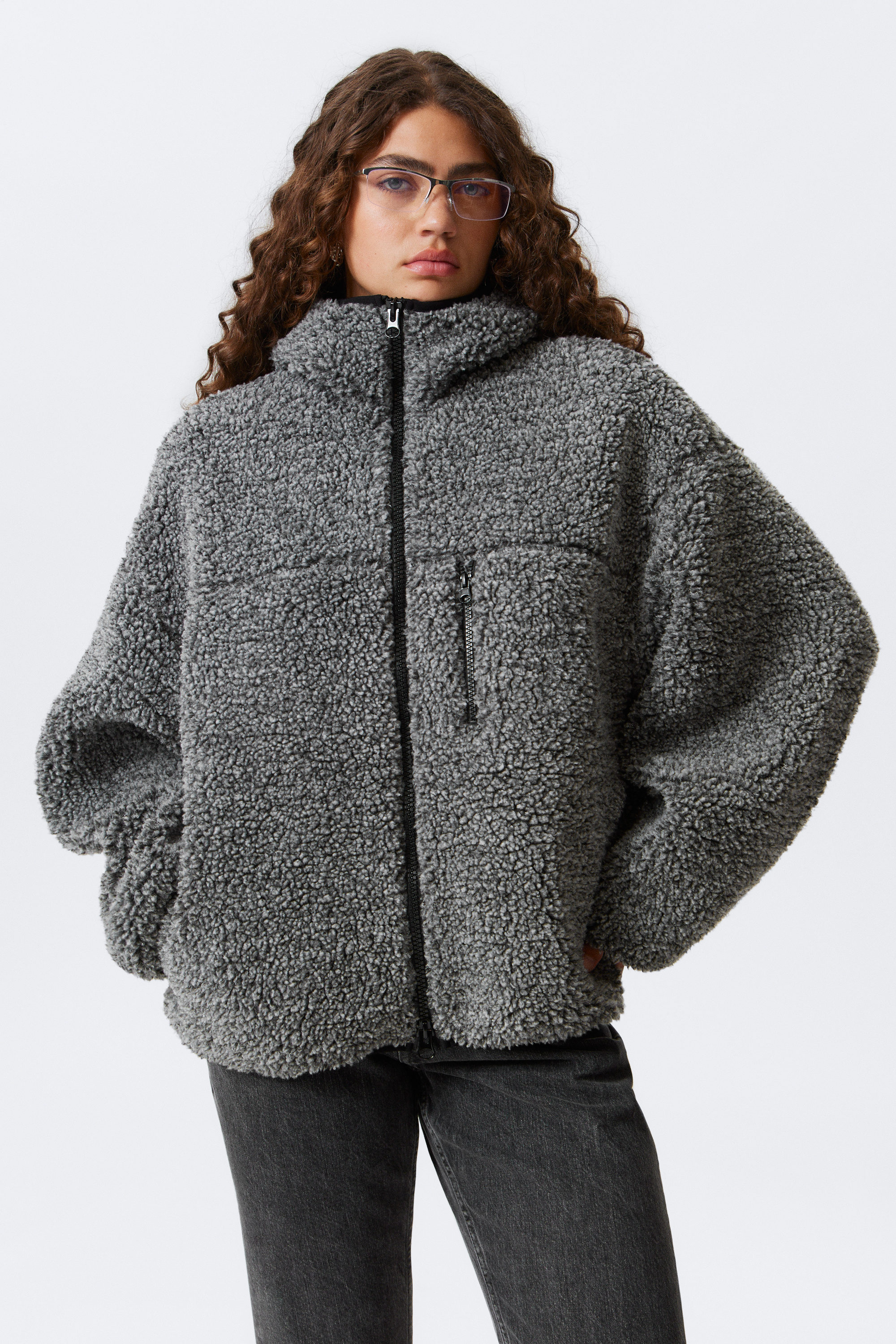 Dark Grey Melange - Oversized Zip-Up Pile Hoodie - 1