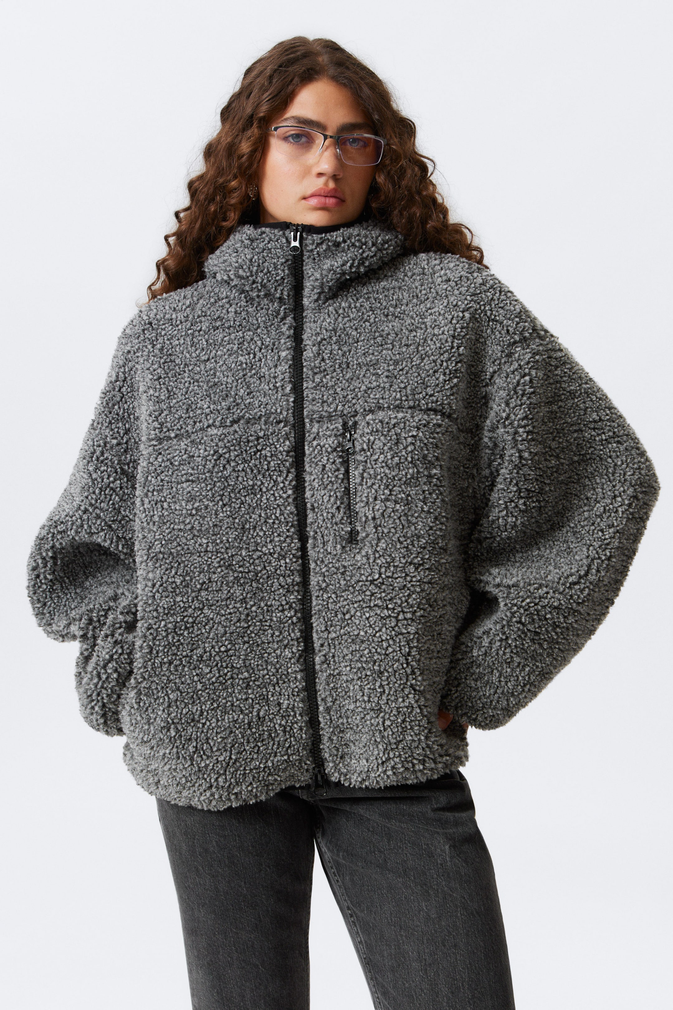 Donkergrijs gemêleerd - Oversized teddy hoodie met rits - 1