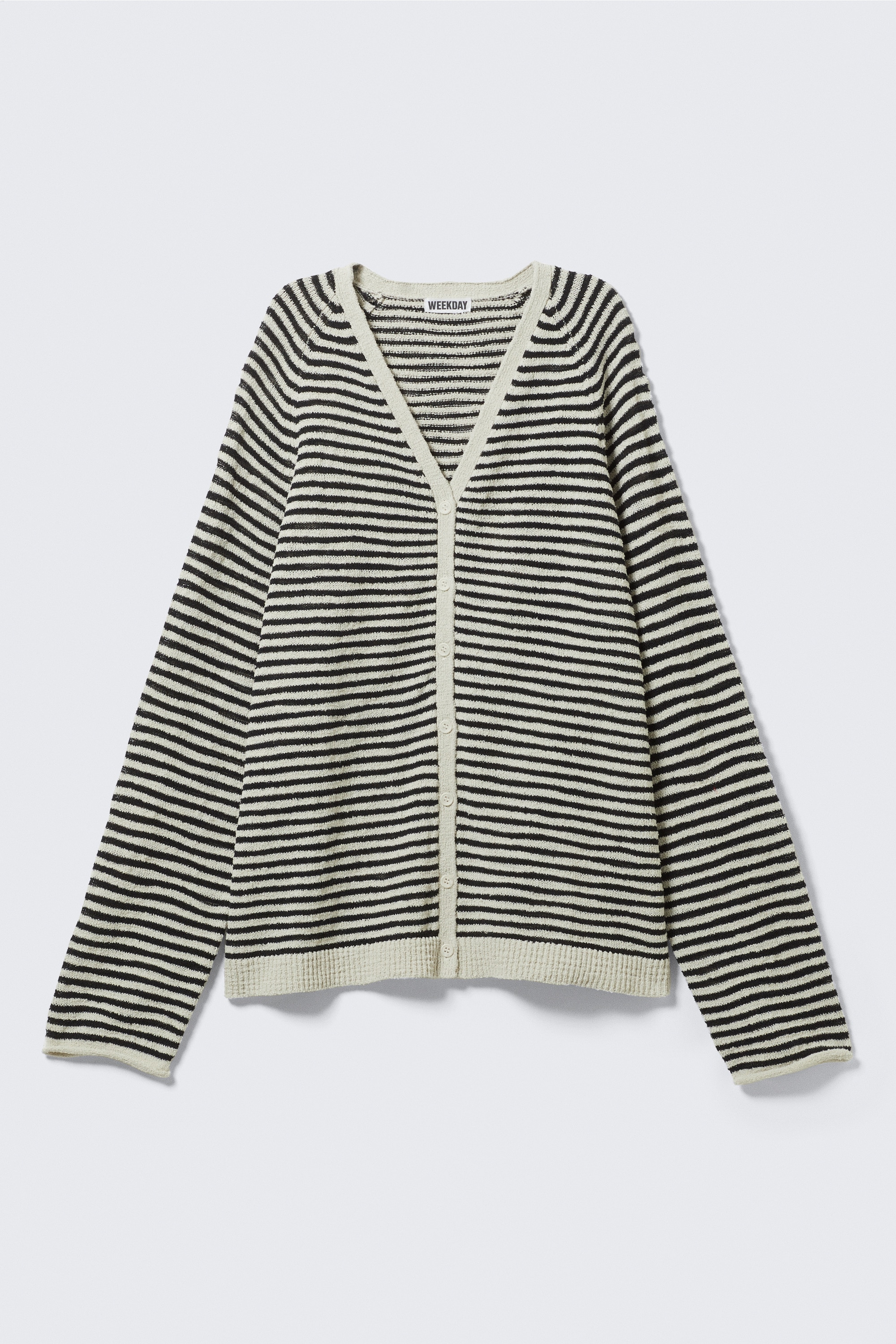 Cardigan ampio in maglia con scollo a V - Righe bianche e grigio scuro/Beige - Righe nere