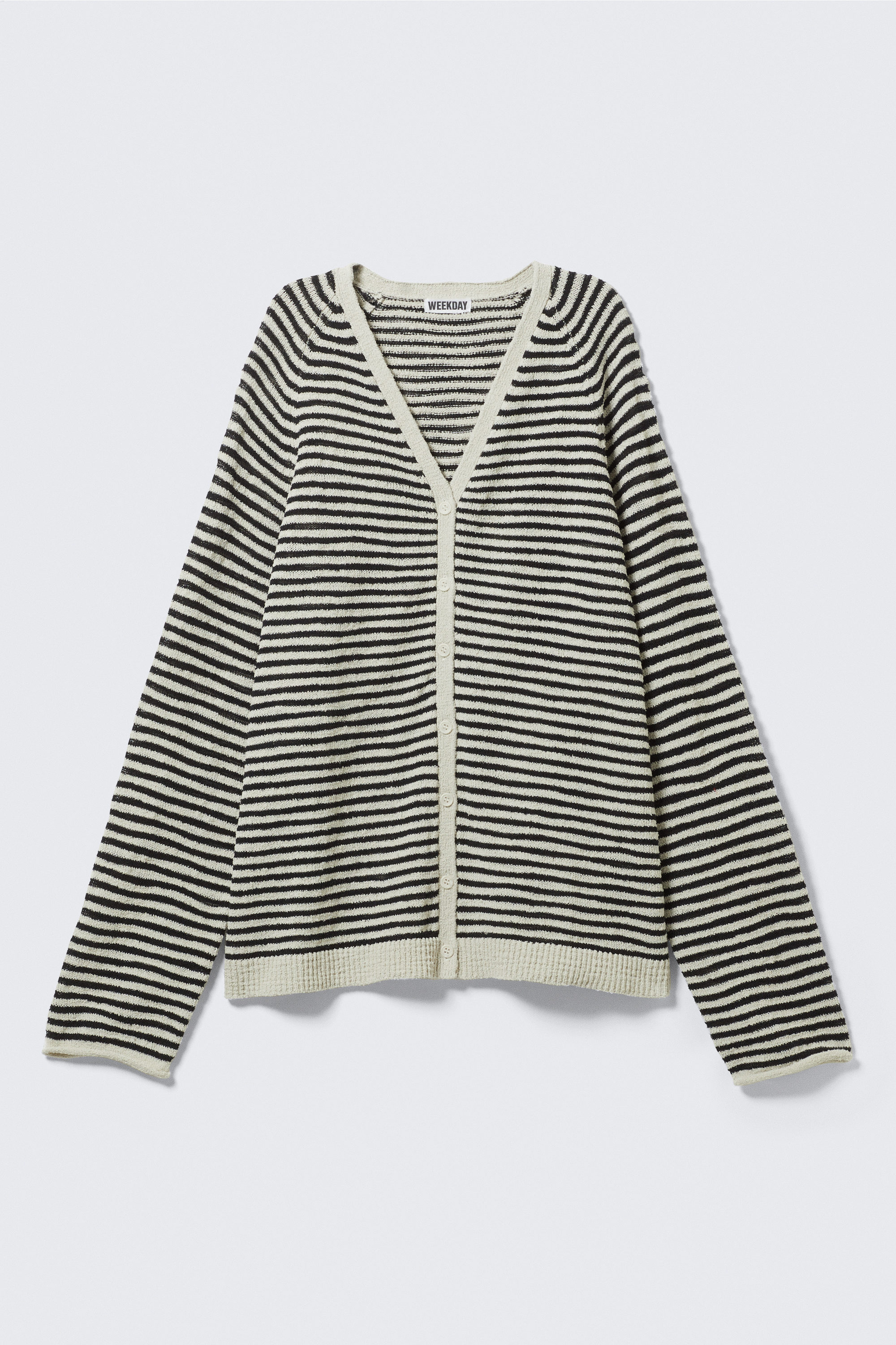 White & Dark Grey Stripes - Loose Knitted V-neck Cardigan - 3