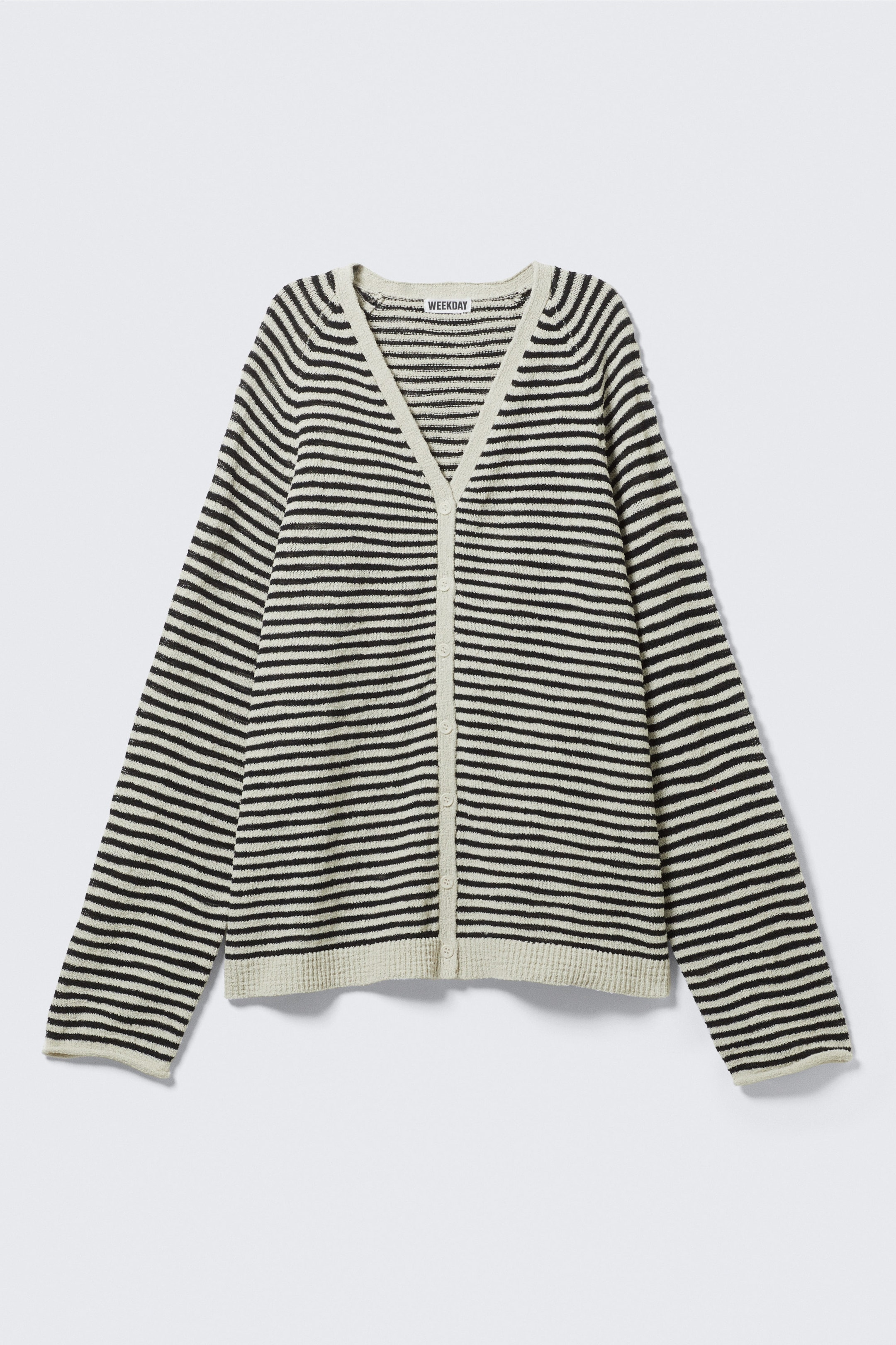 White & Dark Grey Stripes - Loose Knitted V-neck Cardigan - 1