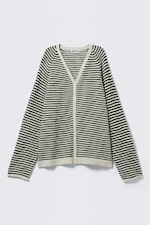 White & Dark Grey Stripes - Loose Knitted V-neck Cardigan - 0