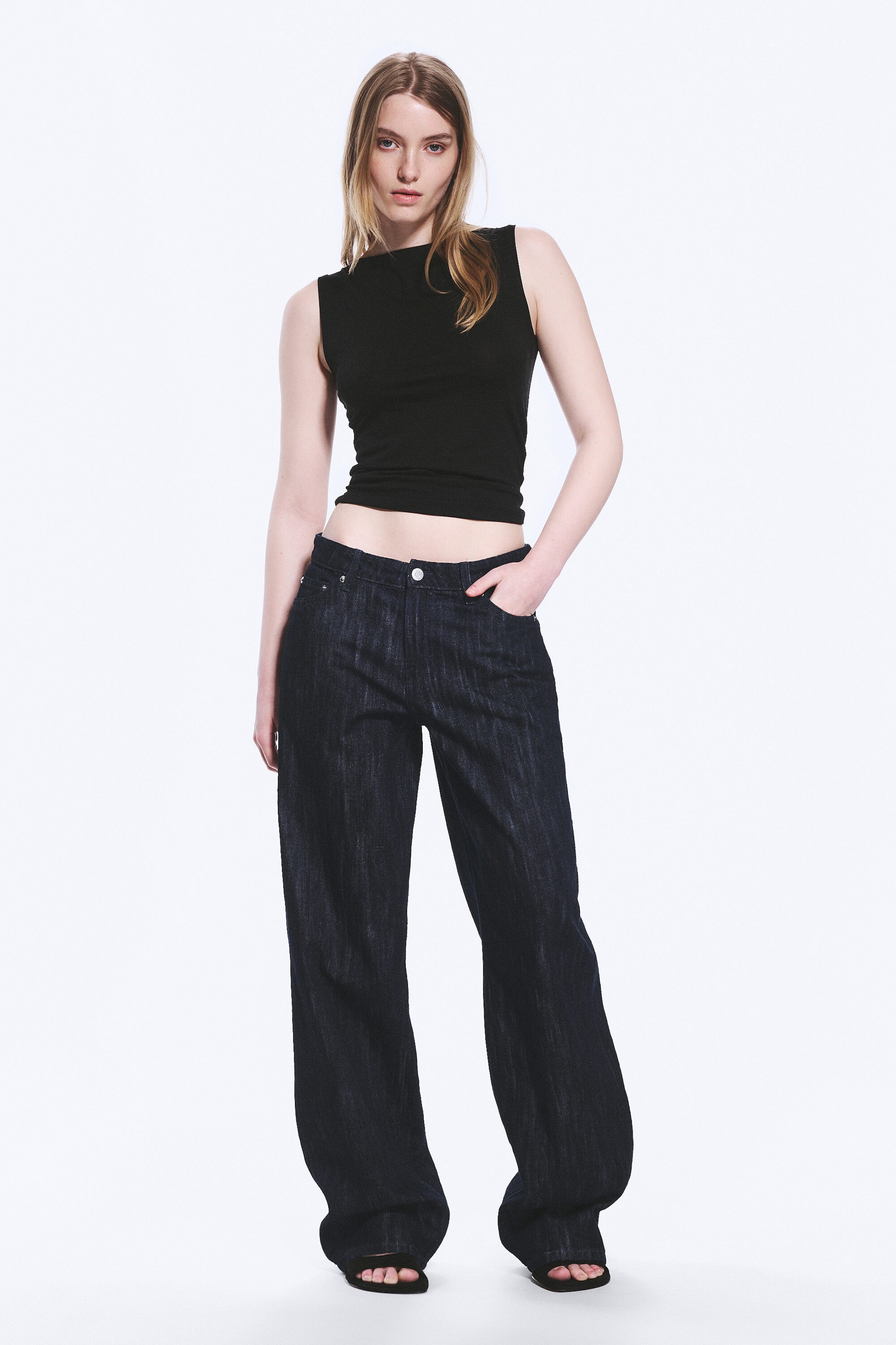 Slub Rinse - Dark Blue - Ample Mid Rise Loose Wide Leg Jeans - 1