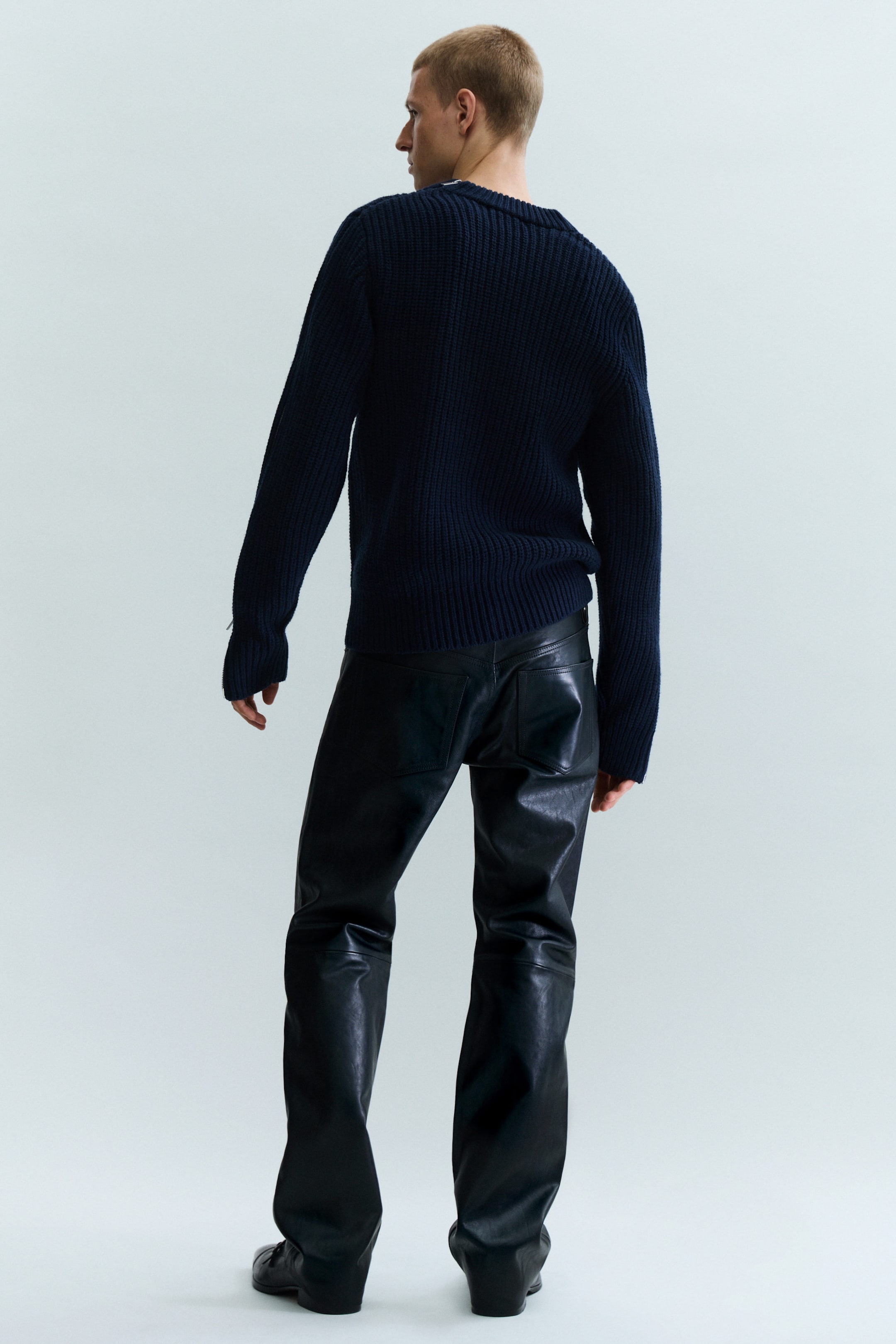 Navy Blue - Slim Zip-Sleeve Wool Sweater - 3