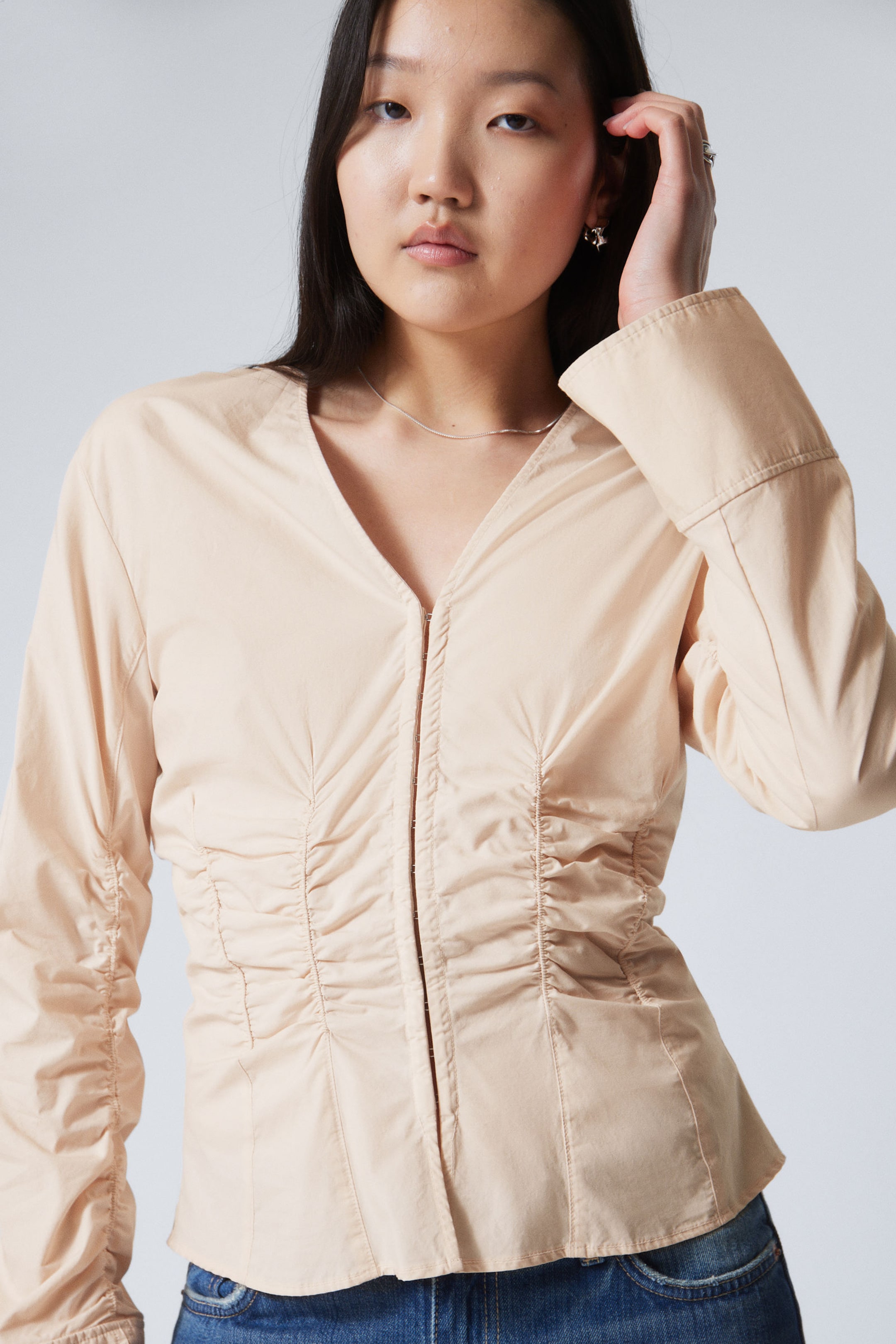 Beige - Gathered Poplin V-neck Shirt - 2