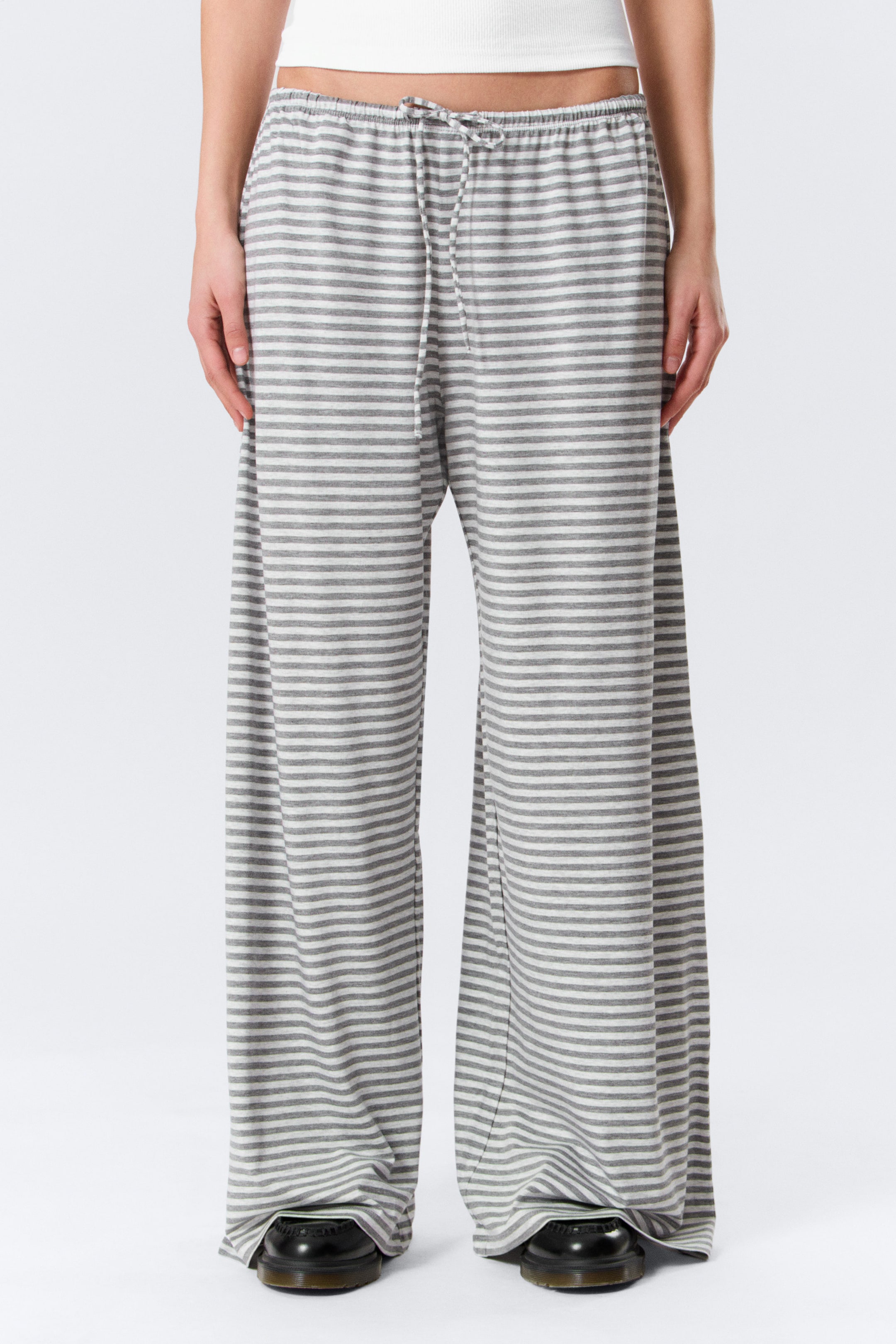 White - Grey Stripes - Mid Rise Loose Wide Leg Lyocell Trousers - 1
