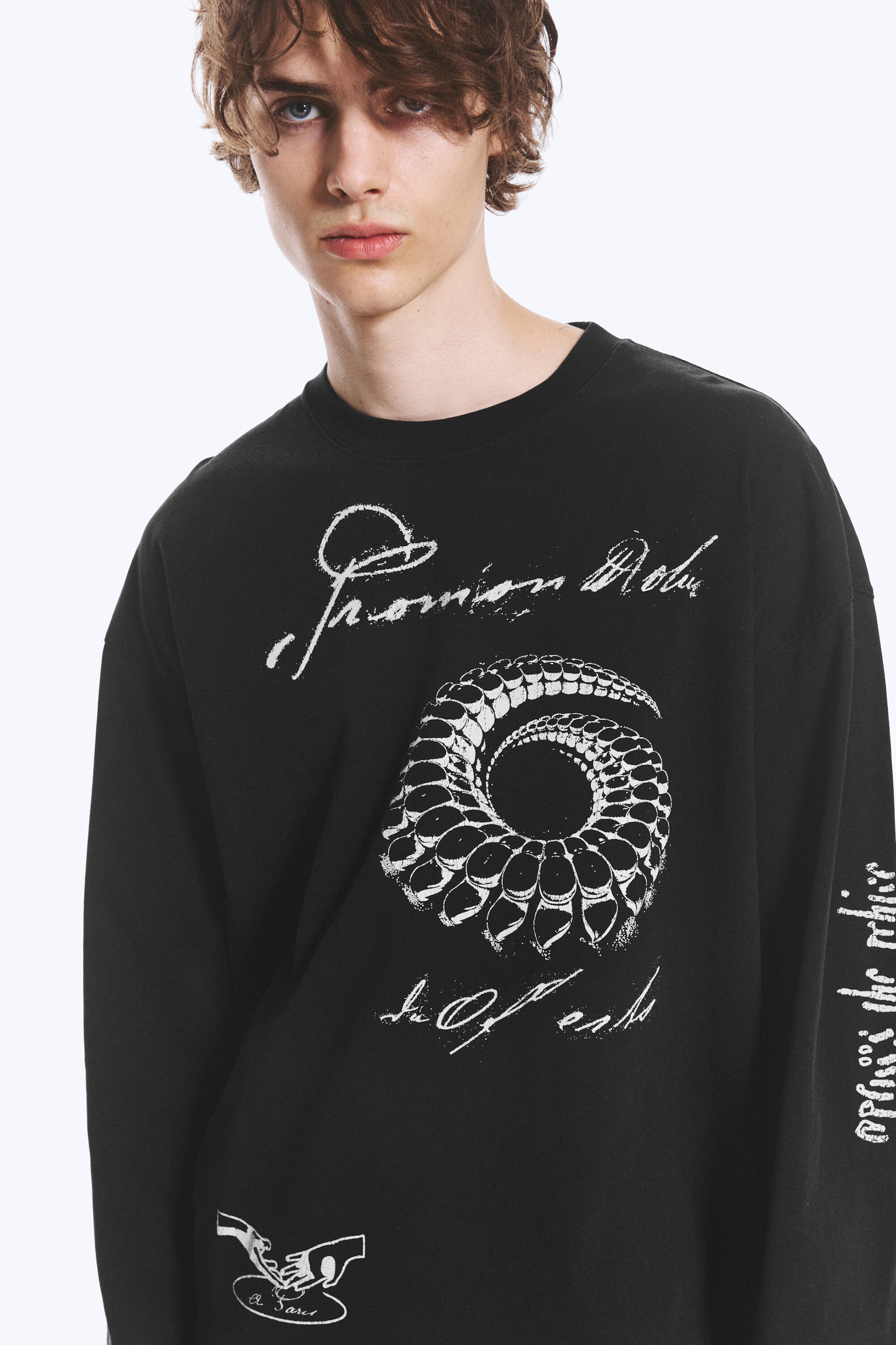 Noir - Spirale - T-shirt graphique oversize manches longues - 2