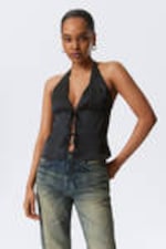 Dark Grey - Tie-Front Halterneck Top - 0