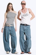 90s Blue – middels blå - Dunno unisex løs Barrel-jeans med lavt liv - 1