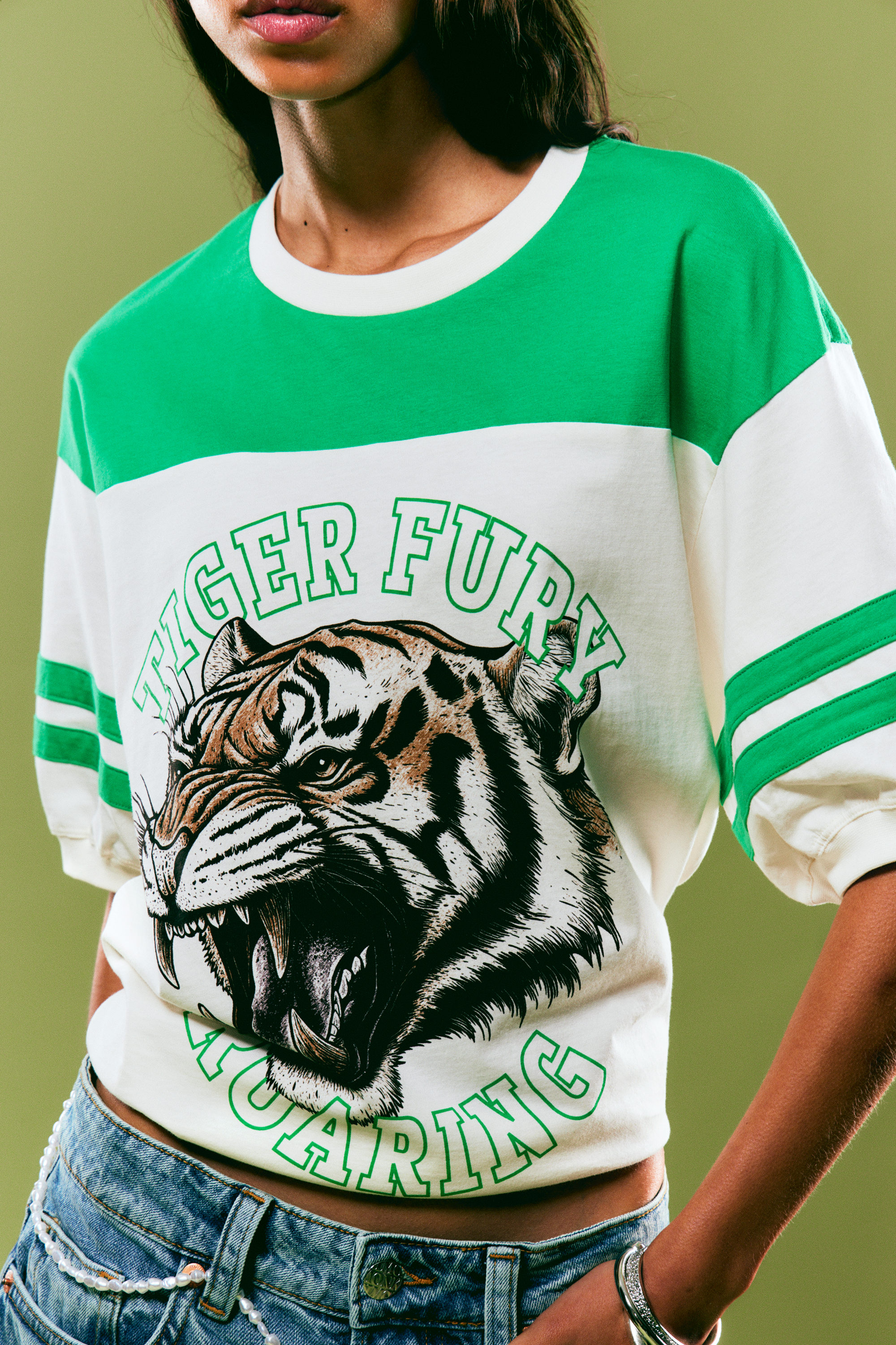 White & Green - Tiger Fury - Graphic Short-Sleeved Varsity T-shirt - 2