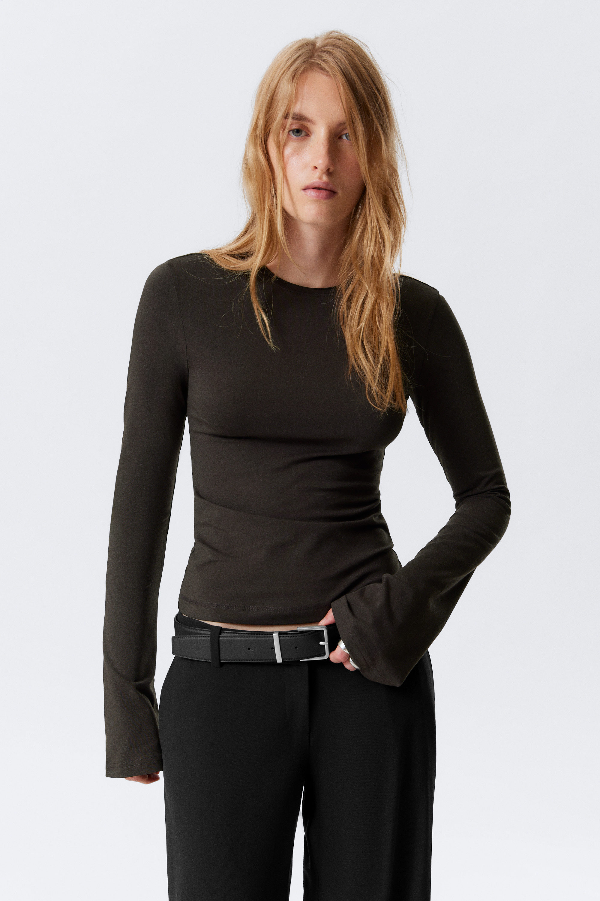 Dark Brown - Long Sleeve Cotton Top - 1