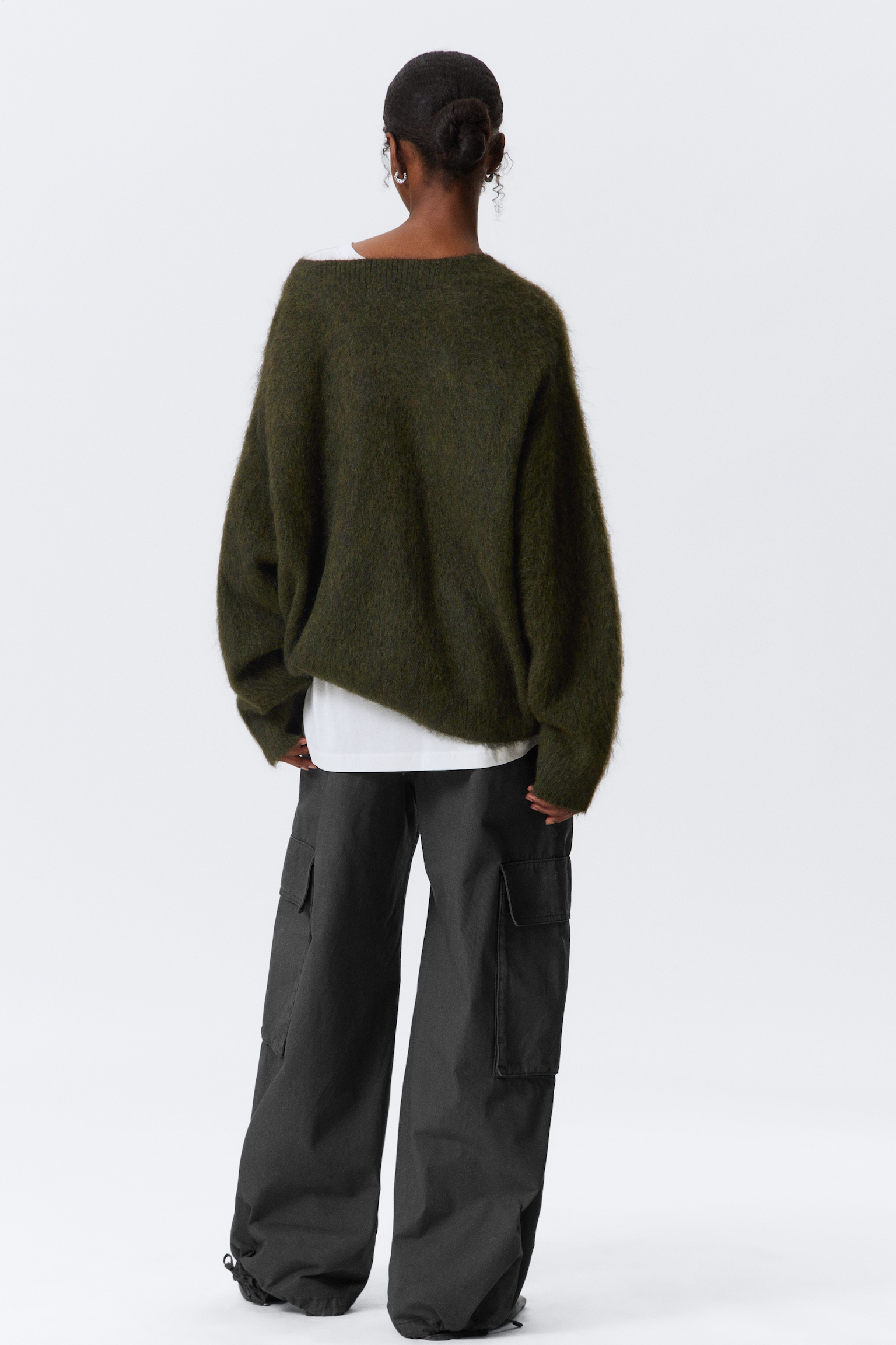 Loose Fit Mohair Blend V-Neck Cardigan - Dark Green/Dark Grey - 5