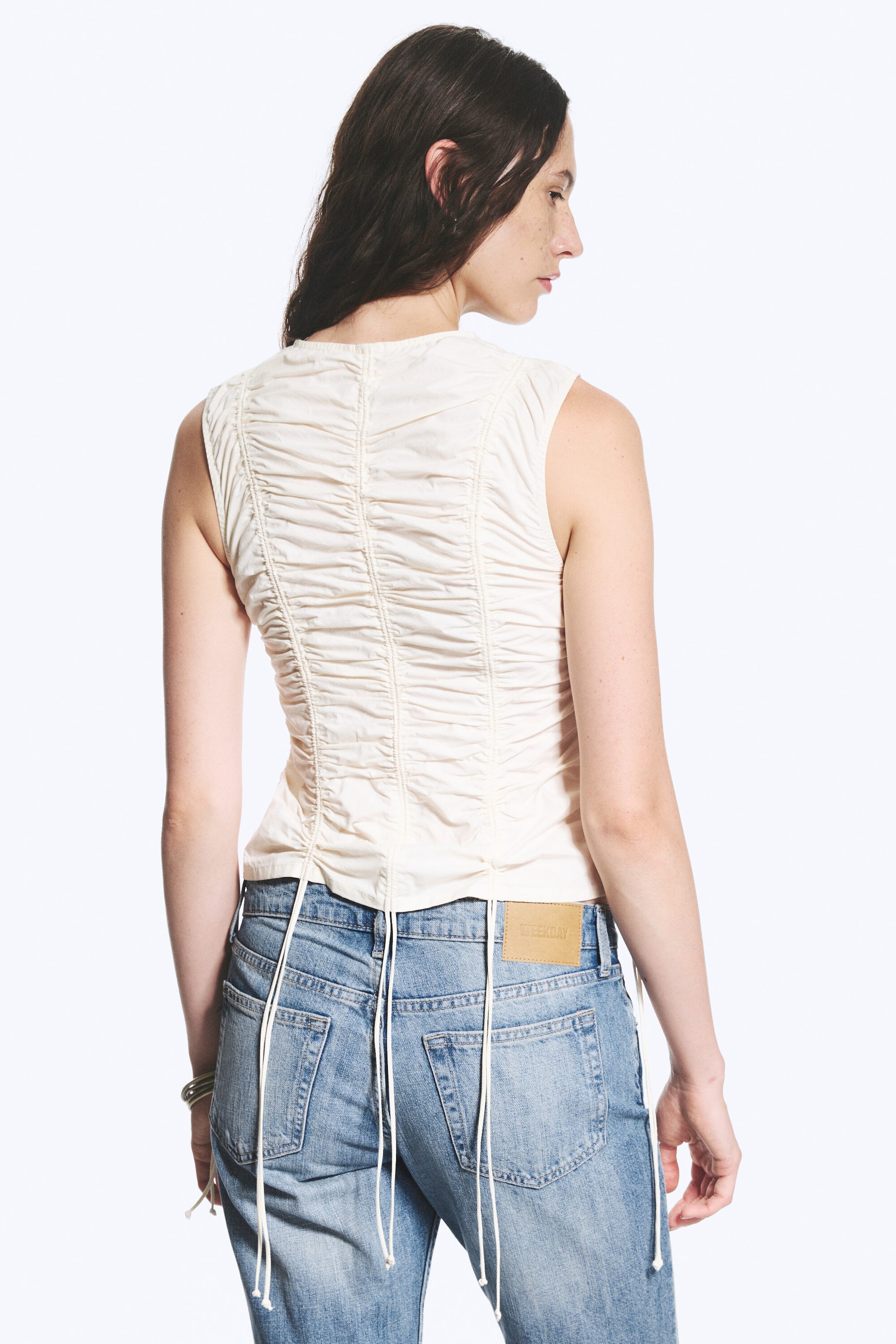 White - Ruched Zip Cotton Poplin Top - 3