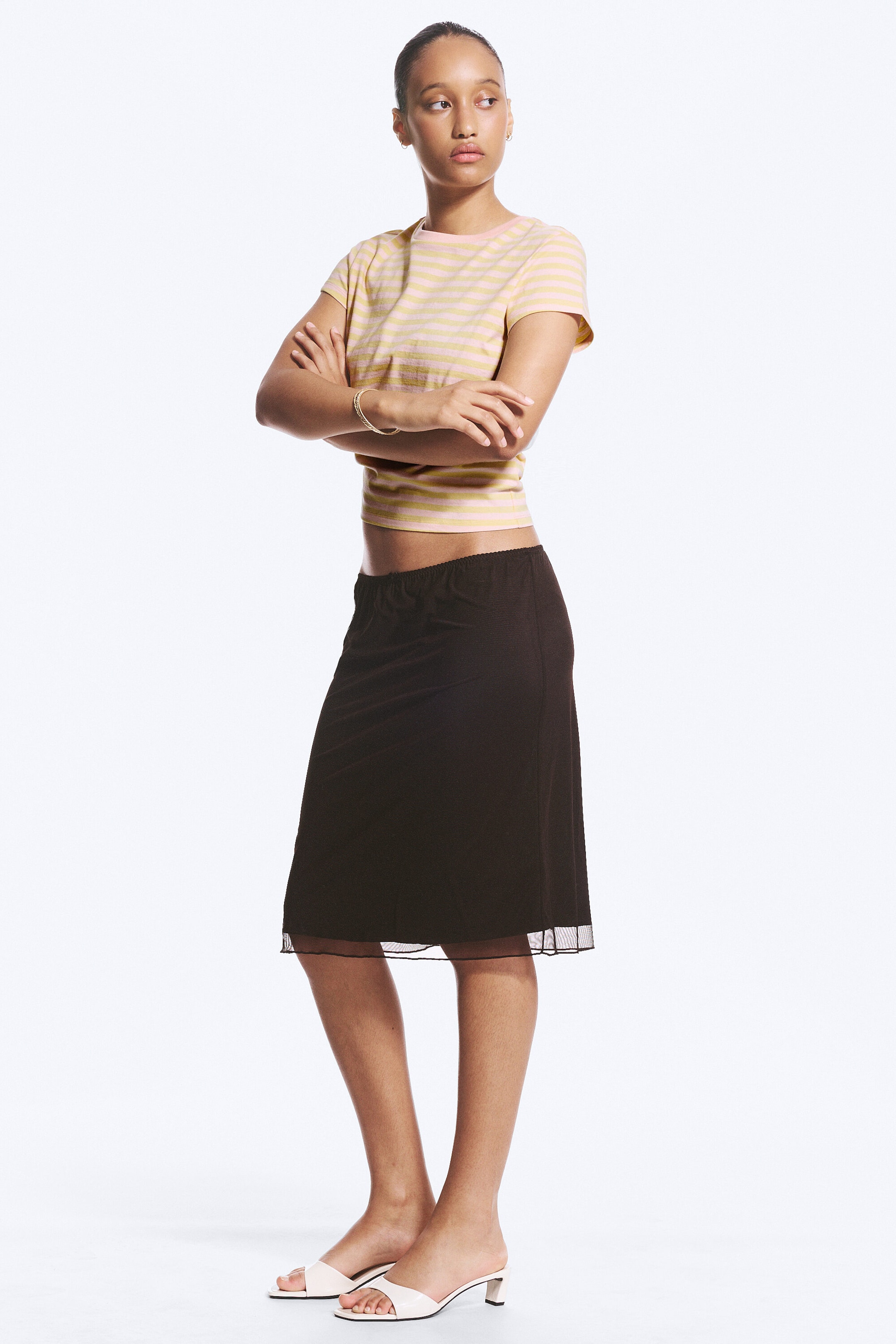 Dark Brown - Layered Mesh Midi Skirt - 2