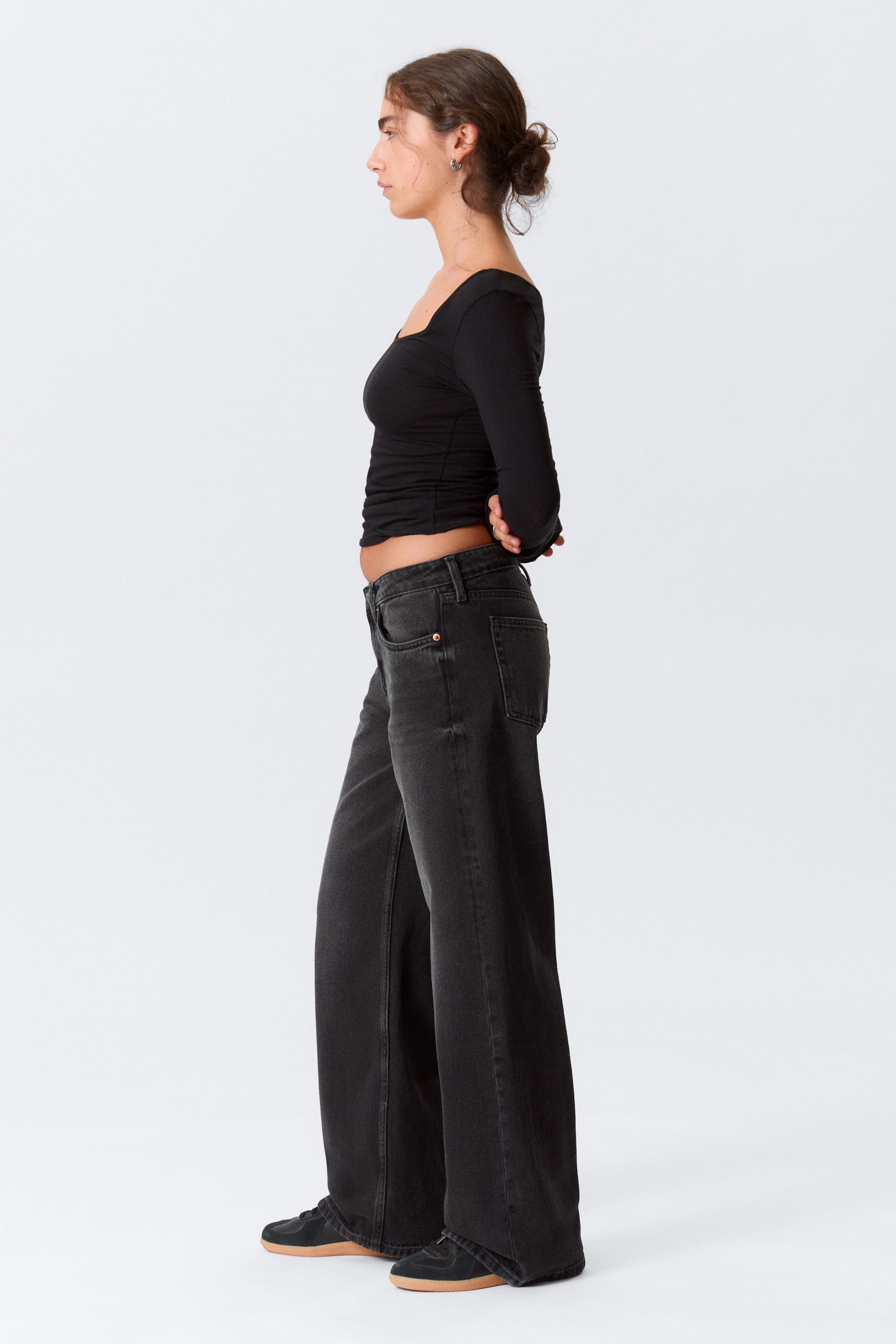 Washed Black - Imoo Low Rise Loose Wide Leg Jeans - 2