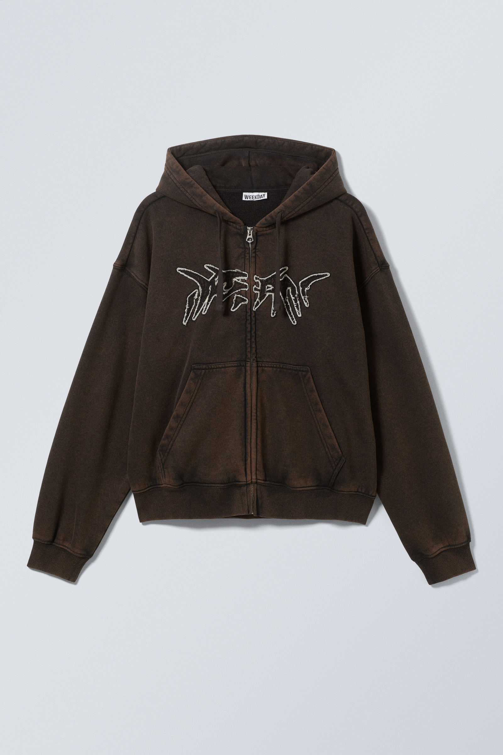 boxy embroidery zip hoodie - Washed Dark Brown - Dream