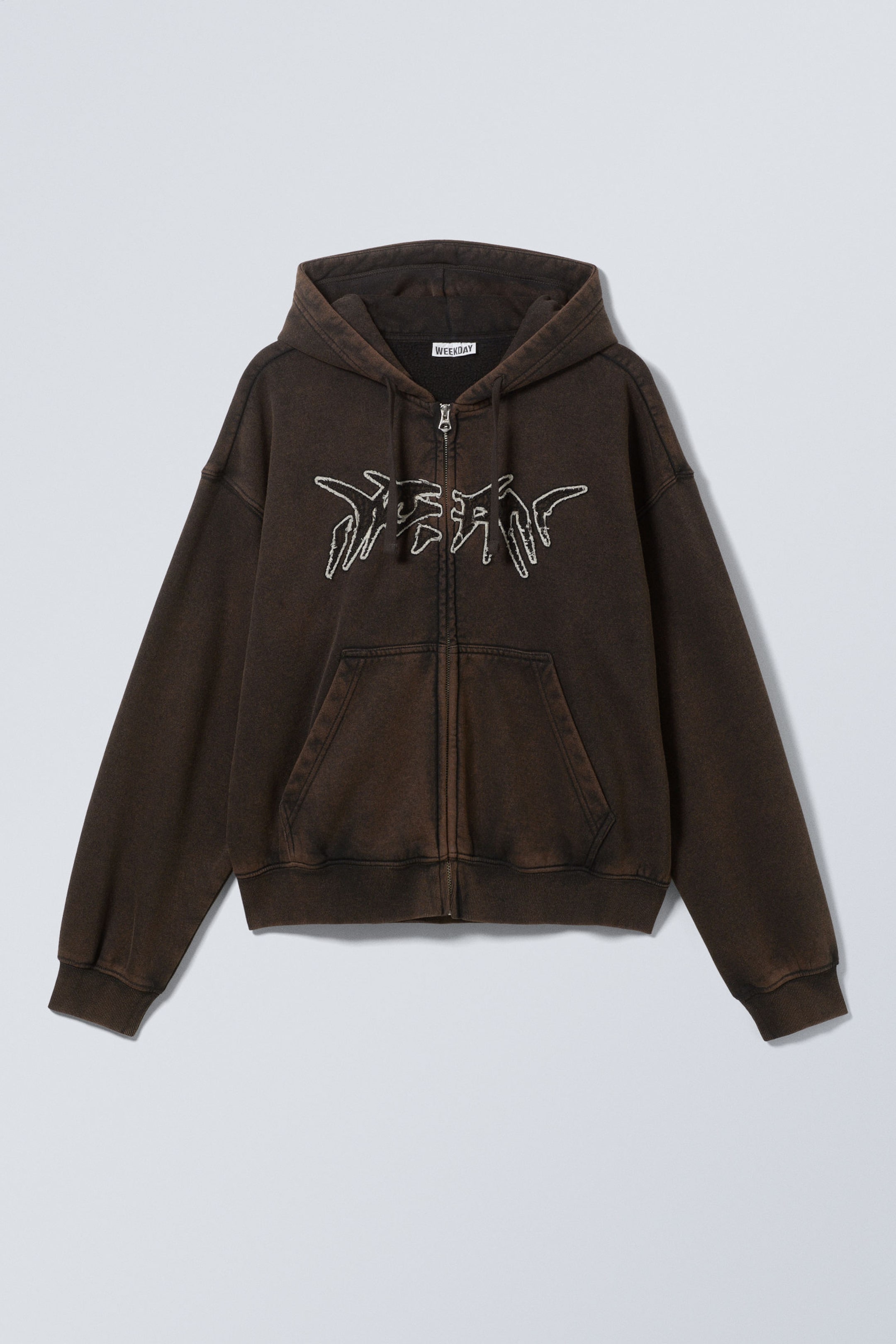 Washed Dark Brown - Dream - Boxy Embroidery Zip Hoodie - 3