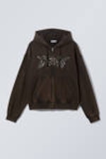 Washed Dark Brown - Dream - Boxy Embroidery Zip Hoodie - 3