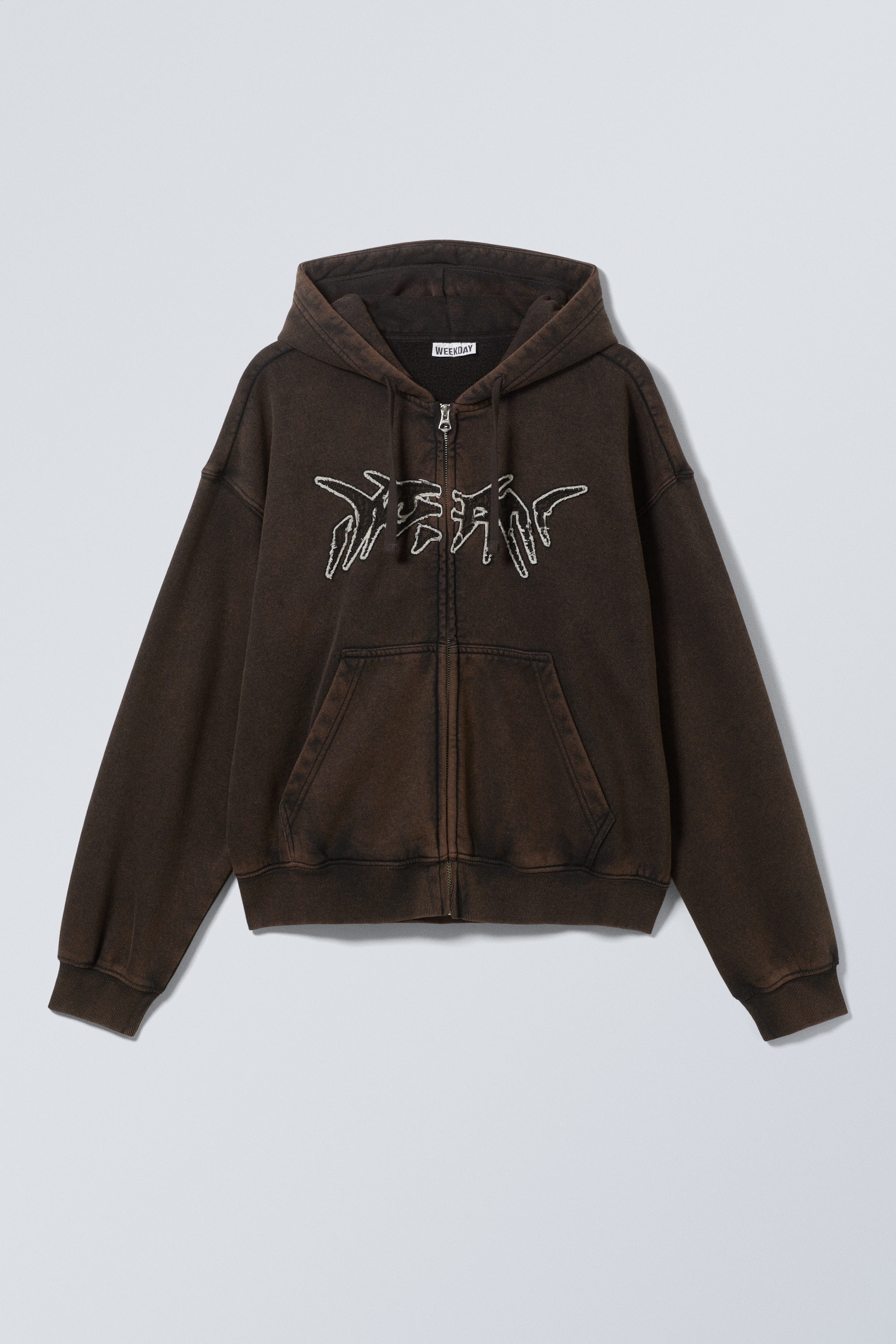 Tvättad Mörkbrun - Dream - Boxig broderad zip-hoodie - 0