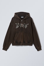 Tvättad Mörkbrun - Dream - Boxig broderad zip-hoodie - 0