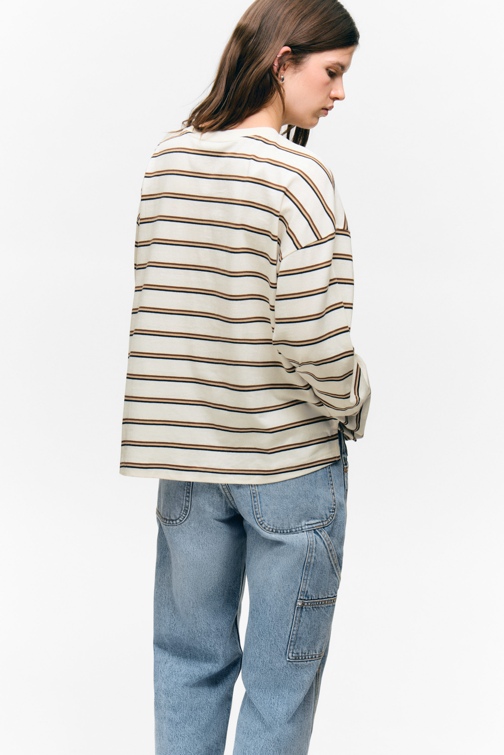 Blanc poussiéreux - Rayures marron - T-shirt en coton à manches longues - 5